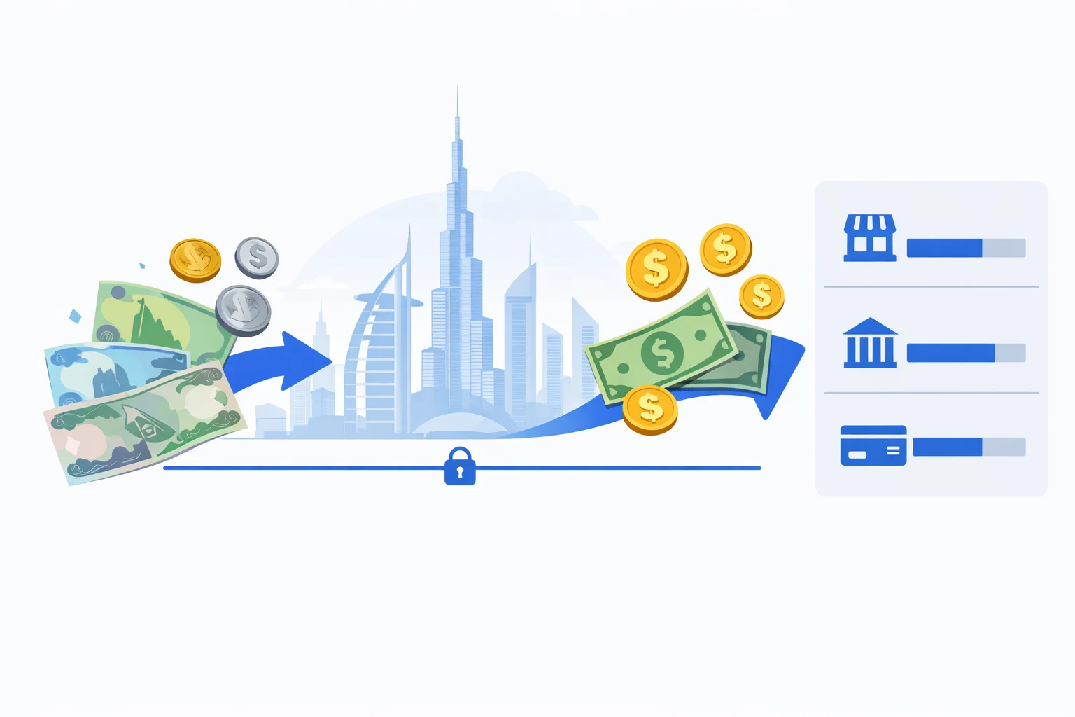 AED to USD converter visual guide showing UAE dirham notes converting into US dollars beside the Dubai skyline with a flat pegged rate line at 3.6725 and a transfer fee comparison