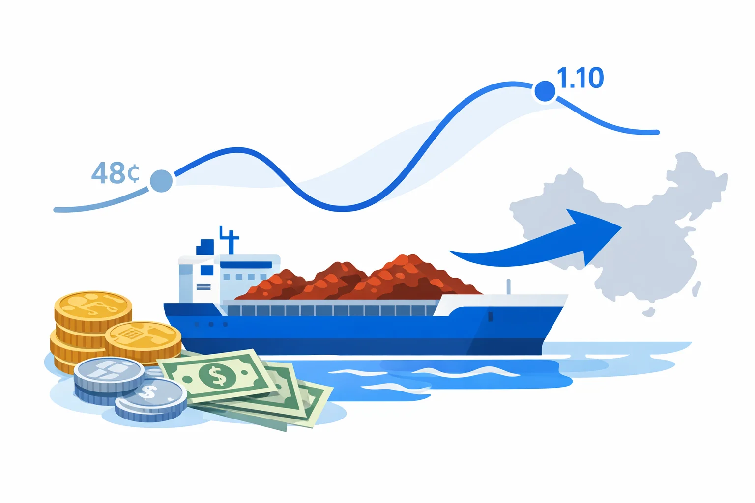 AUD to USD conversion illustrated by Australian dollar coins, US dollar bills, an iron ore bulk carrier, and a rate chart spanning the Aussie dollar's 48-cent low to its $1.10 parity peak