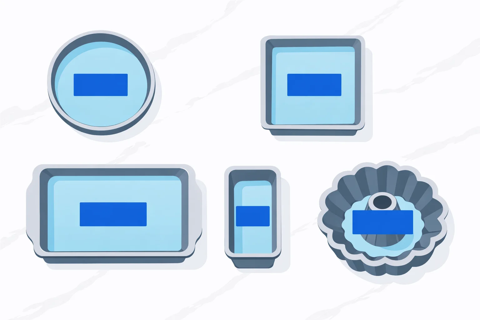 Baking pans of different shapes — round, square, rectangle, loaf and bundt — labeled with their surface area in square inches
