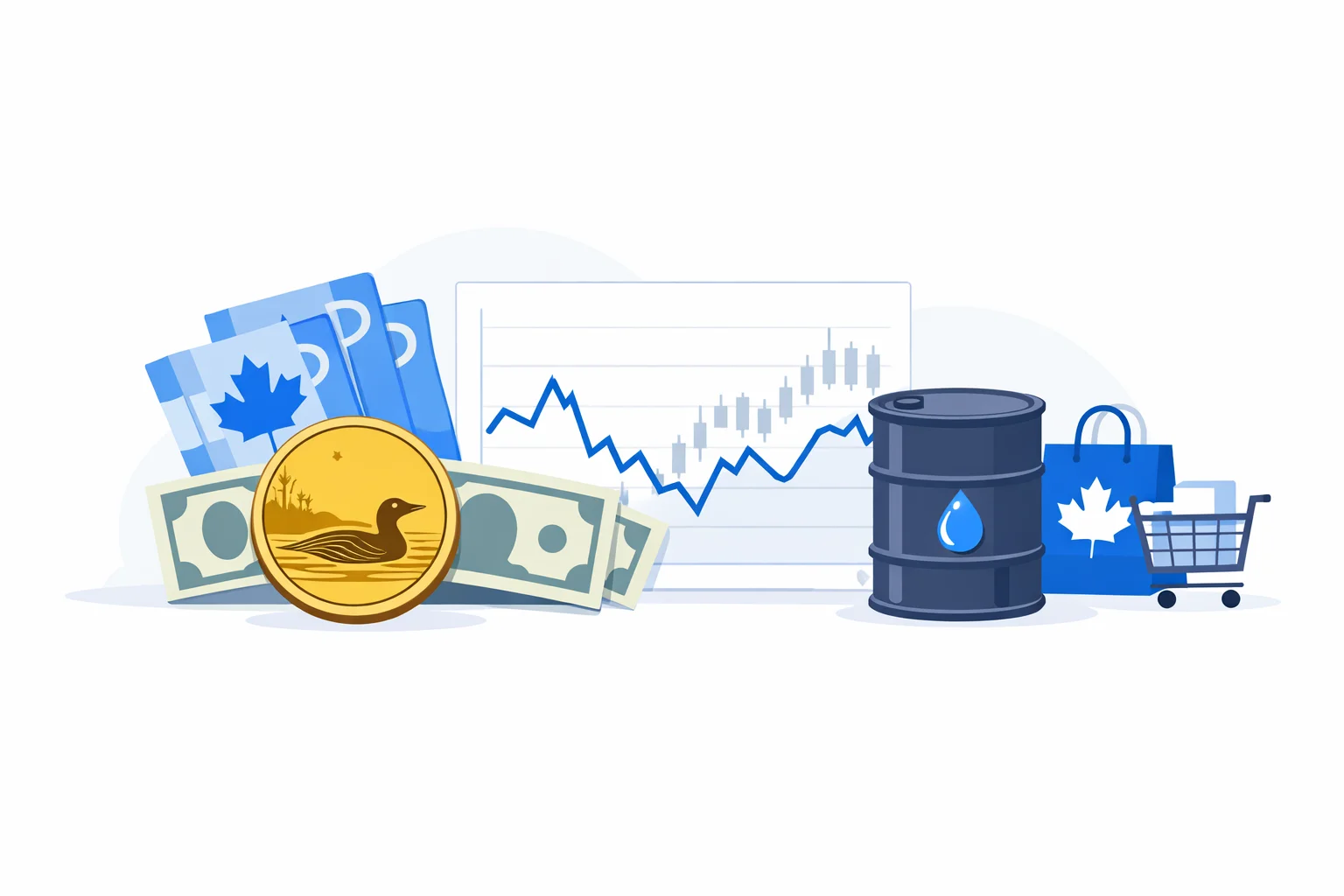 CAD to USD converter visual guide showing a Canadian loonie and maple-leaf notes beside US dollars with an exchange-rate chart, an oil barrel, and cross-border shopping icons