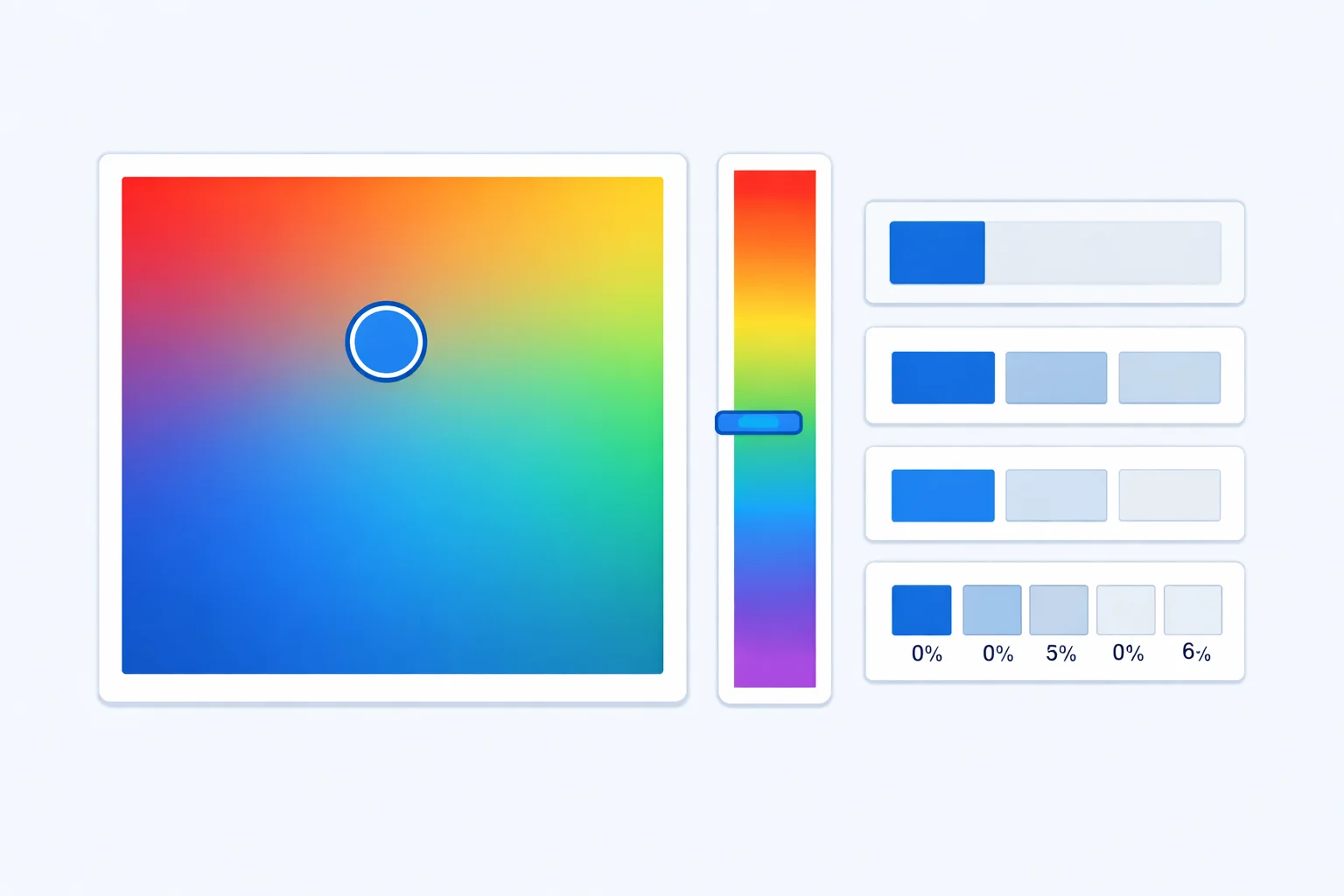 Interactive color picker with gradient saturation-brightness canvas, hue slider strip, and output panels displaying hex, RGB, HSL, and CMYK values for web design