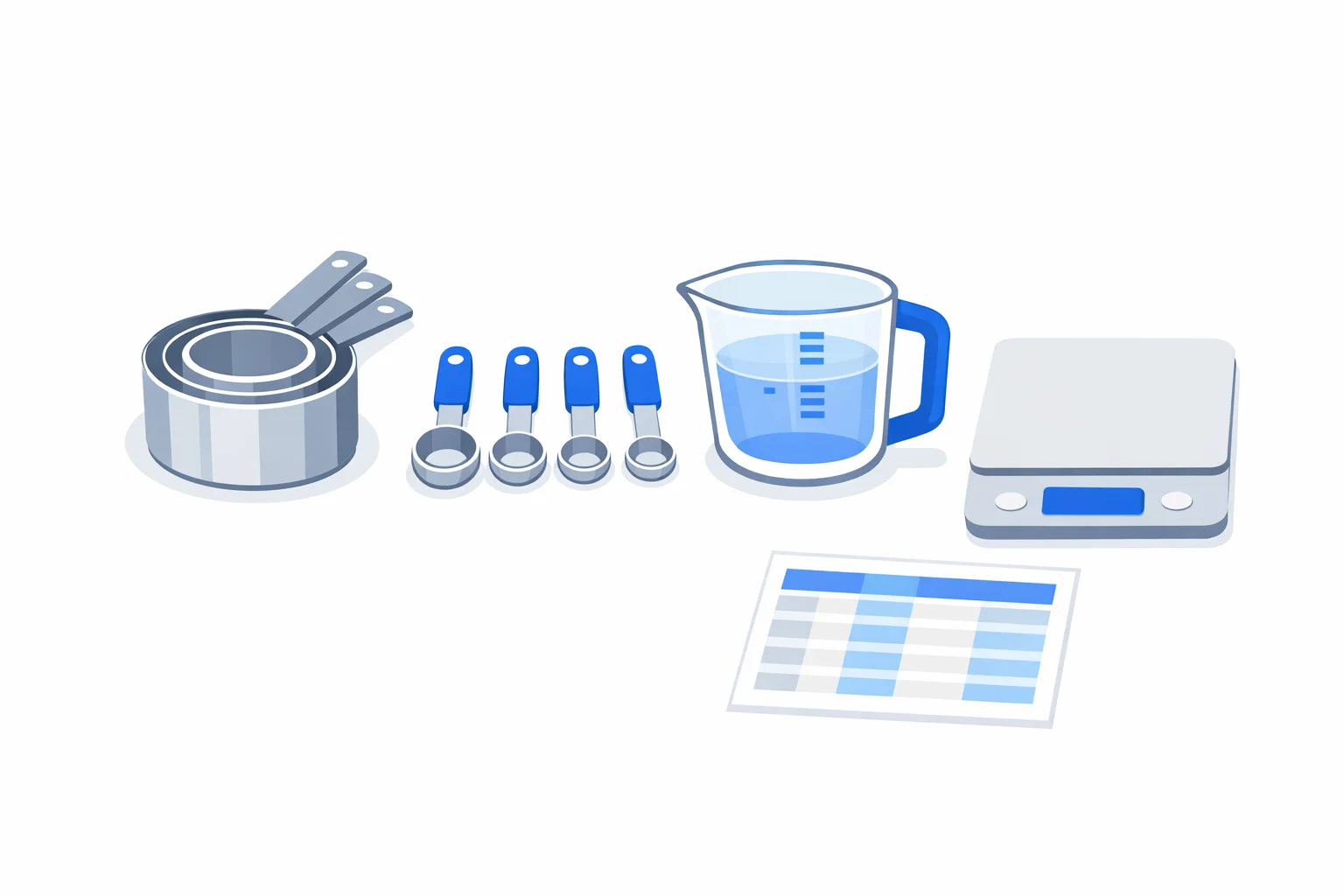 Cooking measurement converter visual guide showing measuring cups, spoons, a liquid jug, and a digital scale with a conversion chart