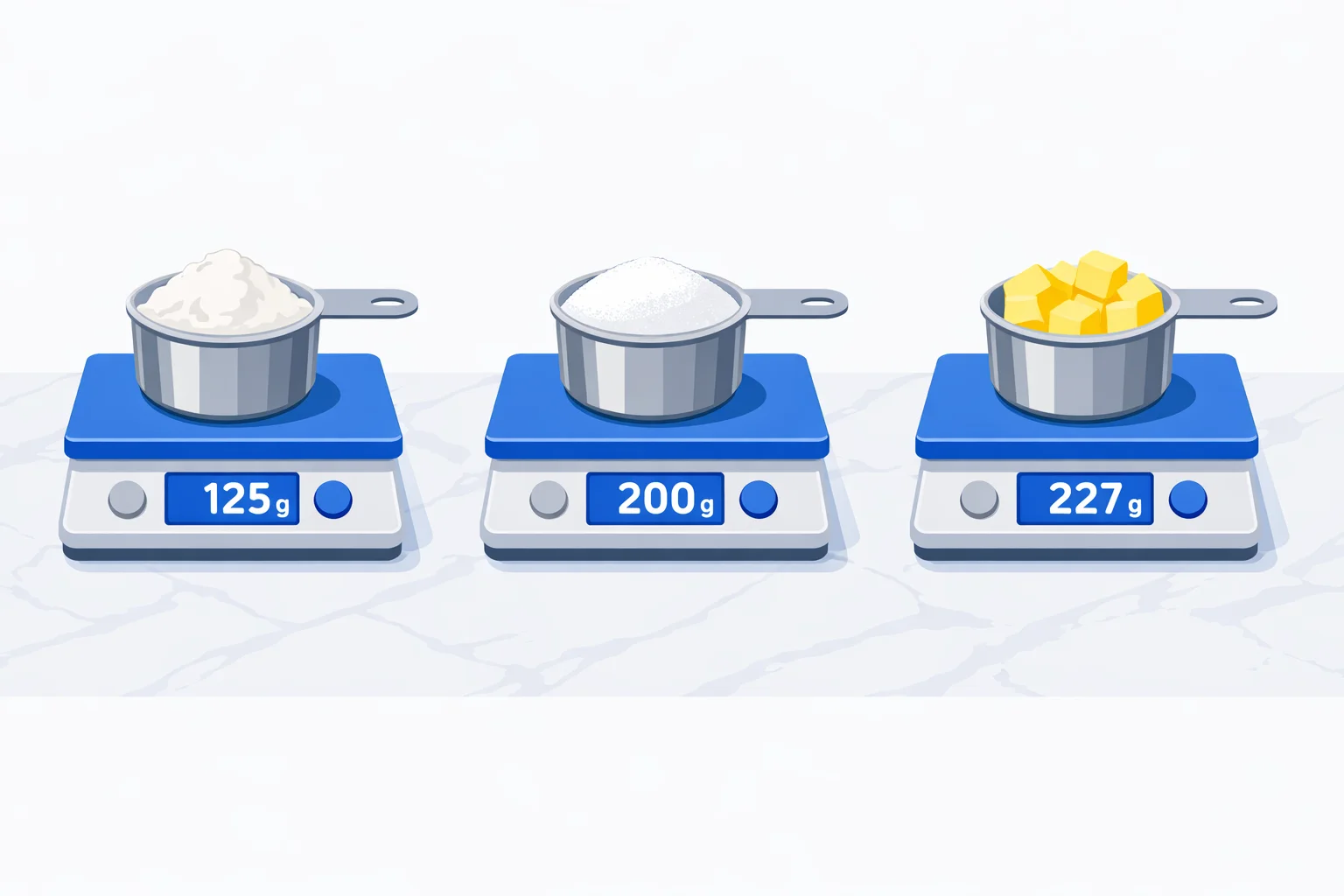 Three measuring cups of flour, sugar, and butter on kitchen scales showing 125g, 200g, and 227g for cups to grams conversion