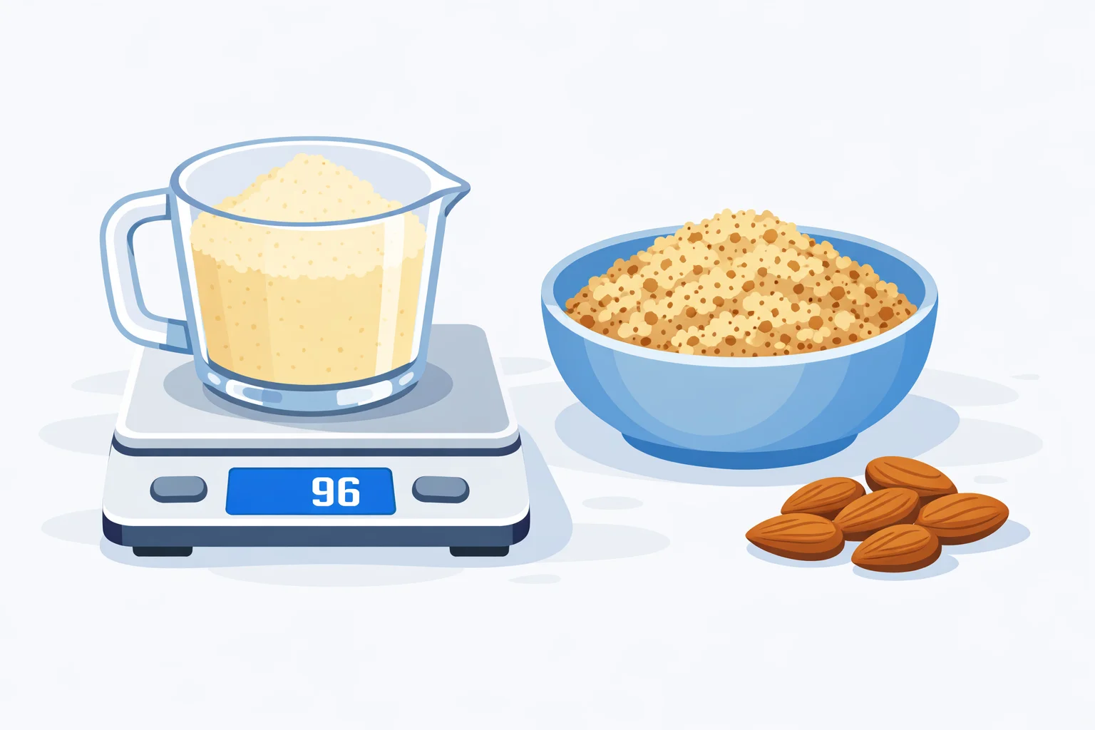 Blanched almond flour in a measuring cup on a kitchen scale reading 96 grams beside a bowl of coarser almond meal and whole almonds