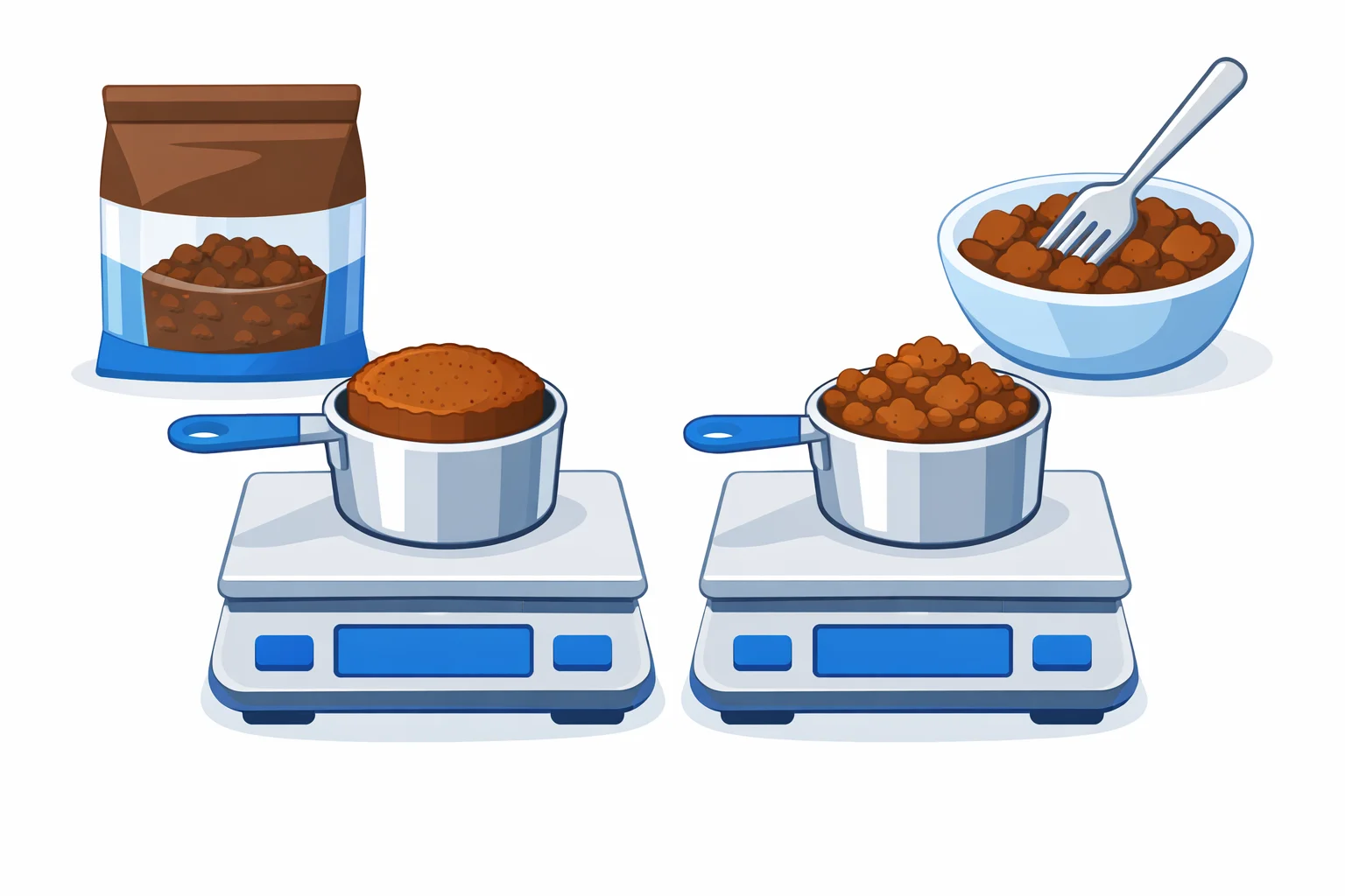 Two measuring cups of brown sugar on a digital scale, one firmly packed at 220 grams and one loosely spooned at 145 grams, illustrating the cups to grams brown sugar conversion