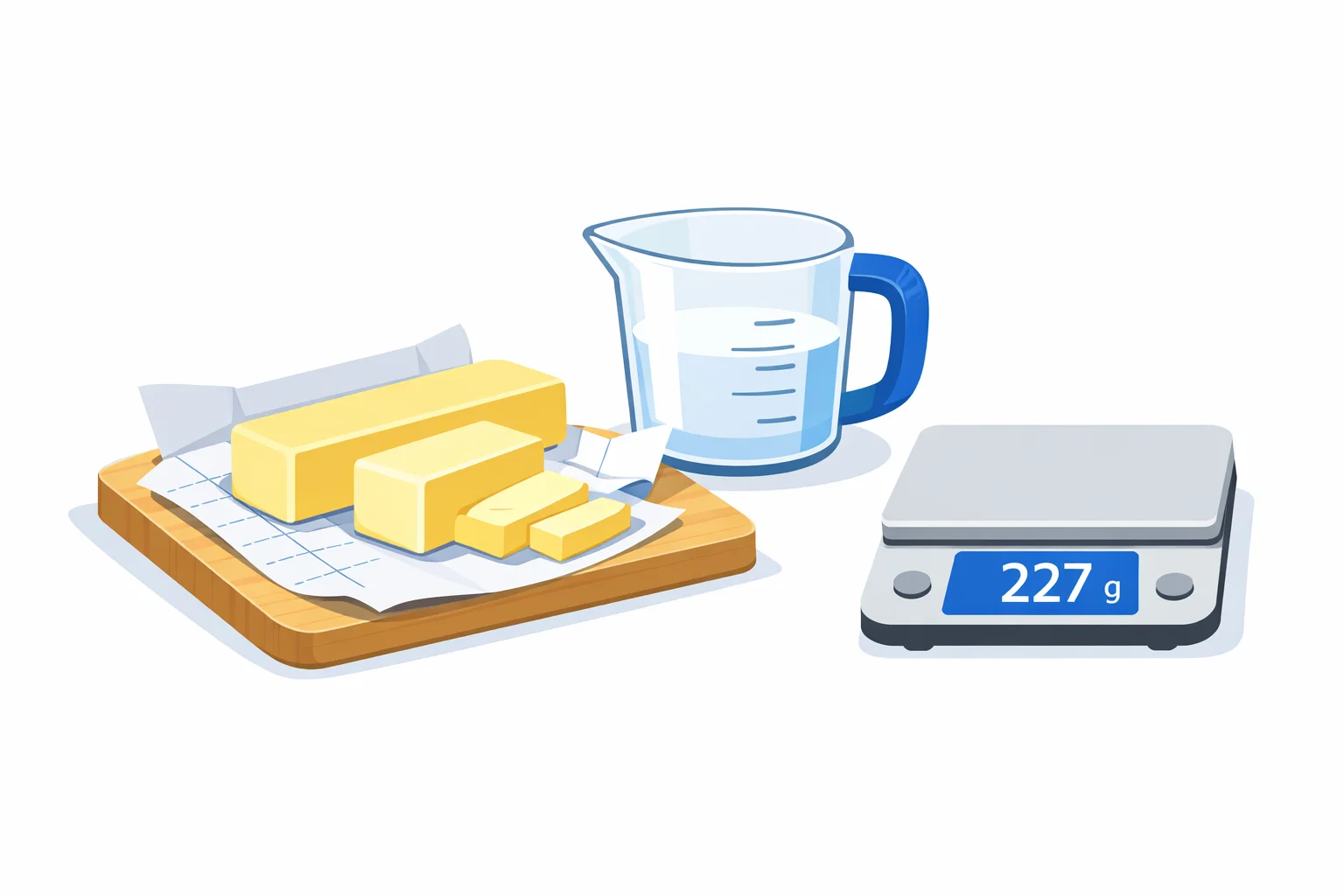 Sticks of butter with tablespoon markings on the wrapper beside a measuring cup and a digital scale reading 227 grams for cups to grams butter conversion