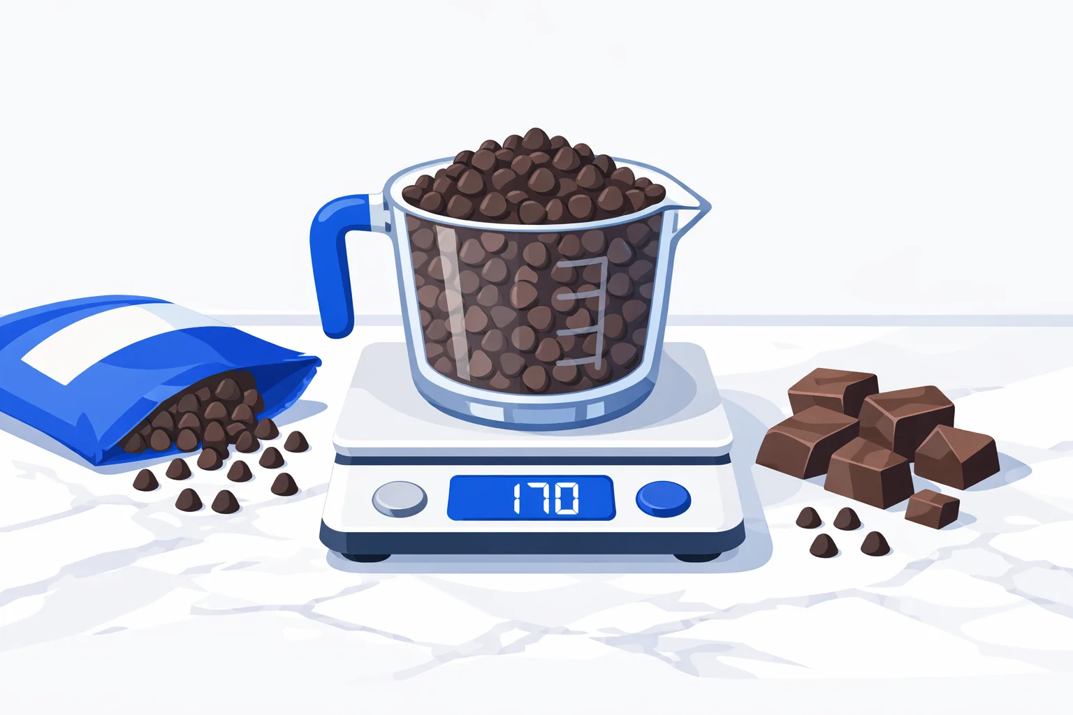A measuring cup of semi-sweet chocolate chips on a kitchen scale reading 170 grams beside an open 12-ounce bag, mini chips, and chocolate chunks