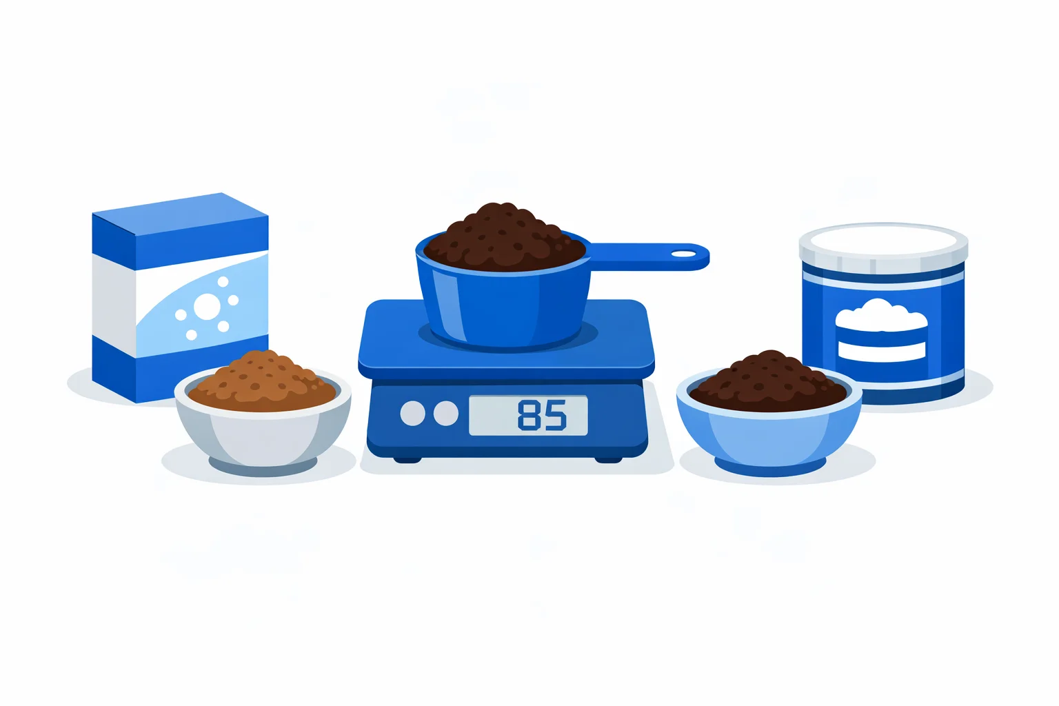 Measuring cup of cocoa powder on a scale reading 85 grams beside natural and Dutch-process cocoa with baking soda and baking powder, showing cups to grams cocoa powder conversion