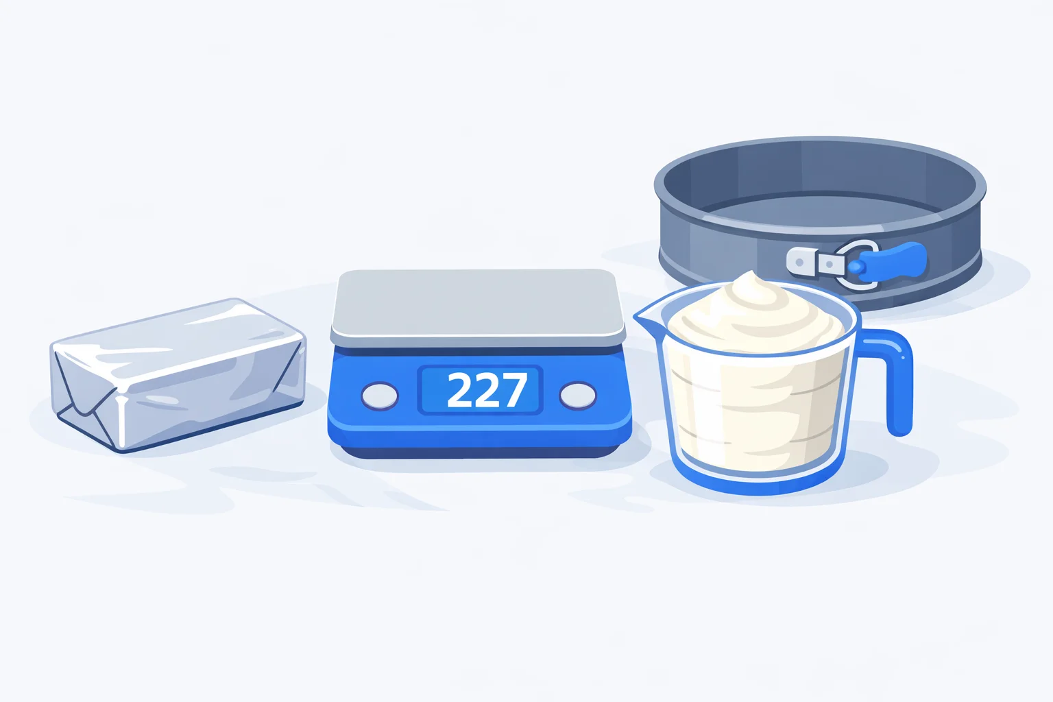 An 8 oz block of cream cheese beside a kitchen scale reading 227 grams and a glass measuring cup packed with cream cheese, with a cheesecake pan in the background