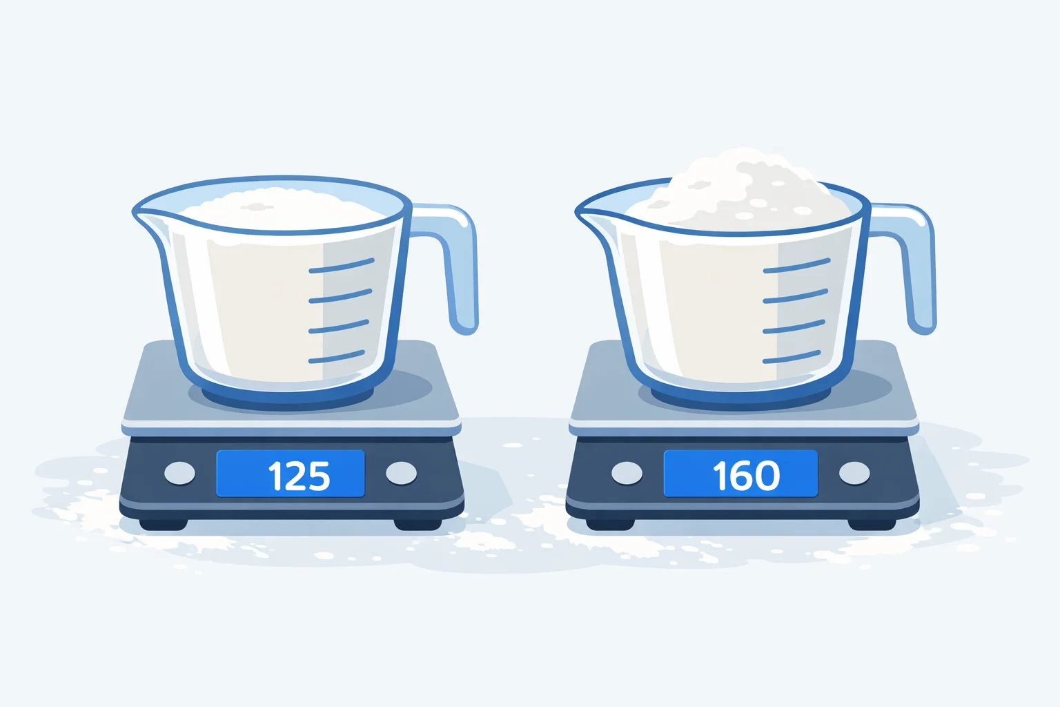 Two cups of all-purpose flour on a kitchen scale showing 125 grams spooned versus 160 grams scooped for cups to grams flour conversion