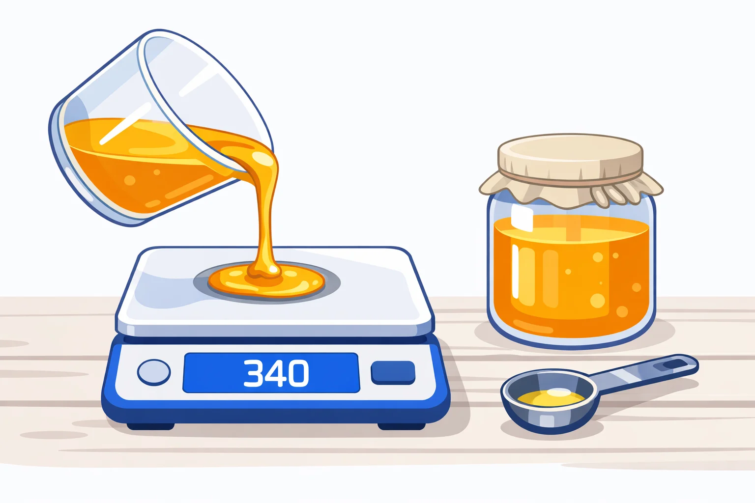 Honey being poured from a measuring cup onto a kitchen scale reading 340 grams, with a jar of raw honey and a greased measuring spoon nearby