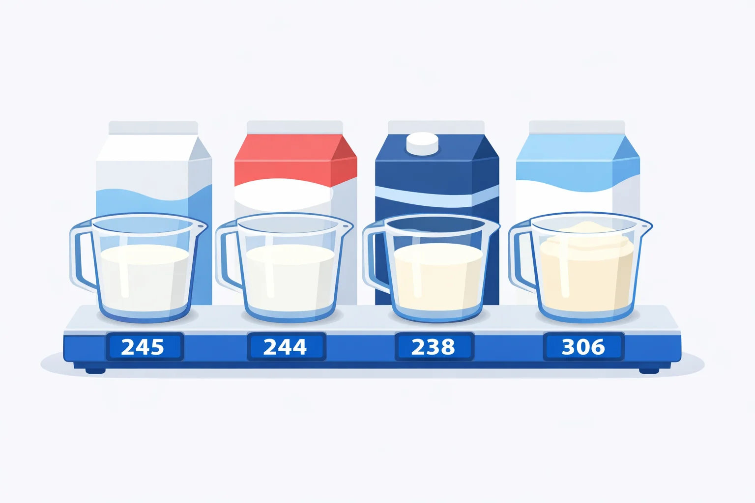 Measuring cups of skim milk, whole milk, heavy cream, and sweetened condensed milk on a digital scale showing their different gram weights per cup