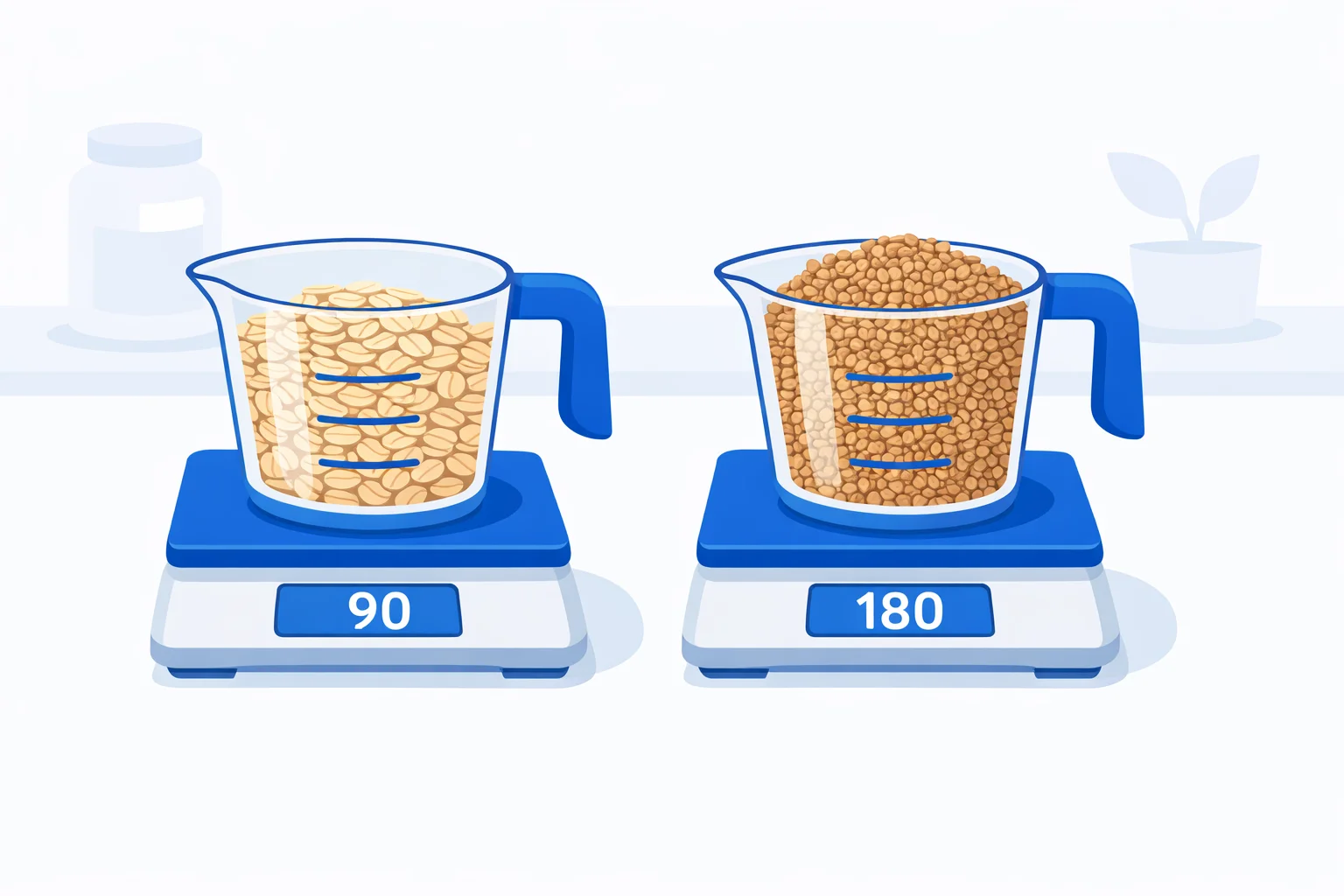 Two identical cups of oats on scales, rolled oats reading 90 grams and steel-cut oats reading 180 grams, showing cups to grams oats conversion by type