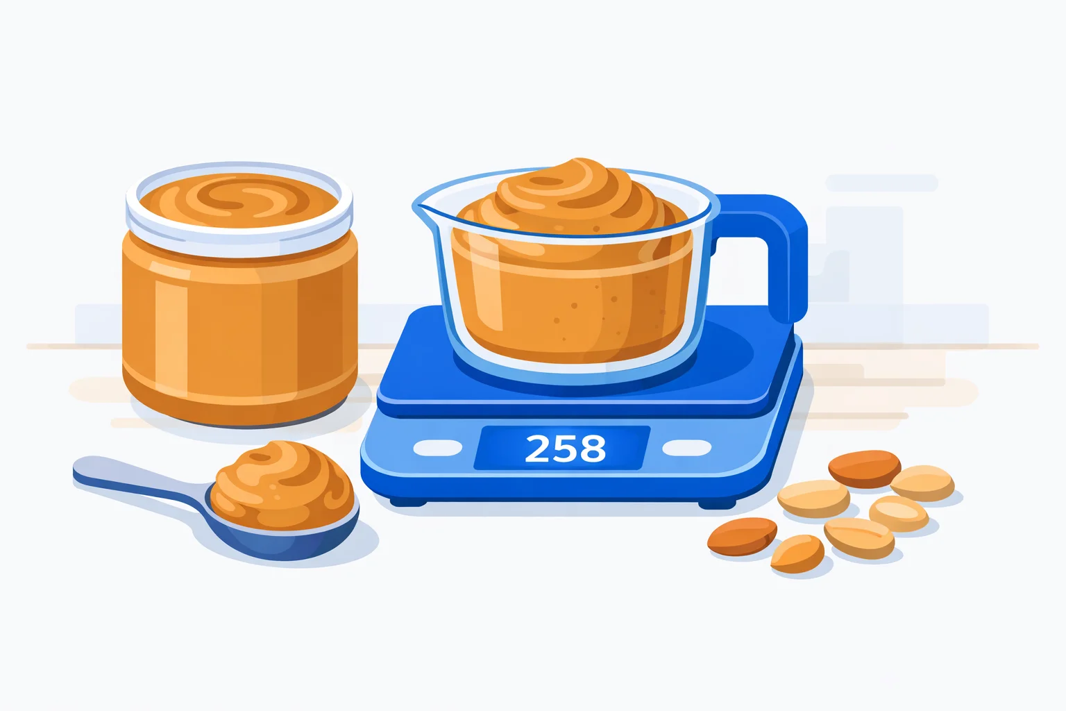 A jar of creamy peanut butter beside a measuring cup scooped full on a kitchen scale reading 258 grams, with a tablespoon of peanut butter and scattered peanuts