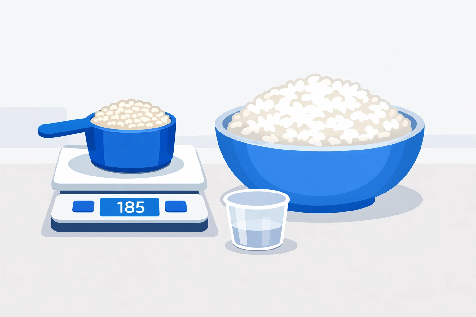 Measuring cup of uncooked white rice weighing 185 grams beside a larger bowl of cooked rice and a 180 ml rice-cooker cup for cups to grams rice conversion