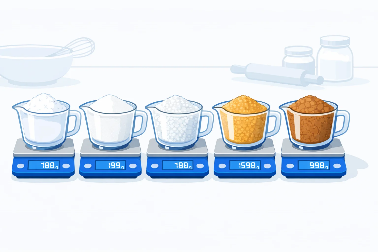 Five measuring cups of different sugars — powdered, granulated, caster, raw, and packed brown — each on a scale showing a different gram weight for cups to grams sugar conversion