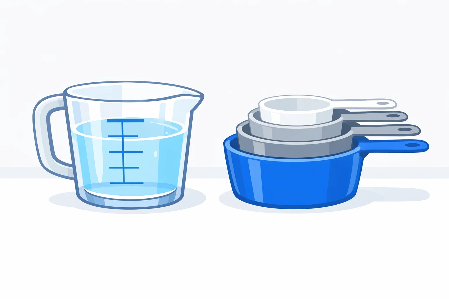 Liquid measuring cup of water beside dry measuring cups marked with milliliter graduations for cups to milliliters cooking conversion