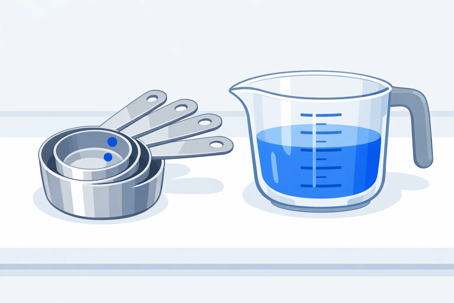 Nested measuring cups from quarter cup to one cup labeled with fluid ounce equivalents next to a liquid measuring jug, showing cups to ounces conversions