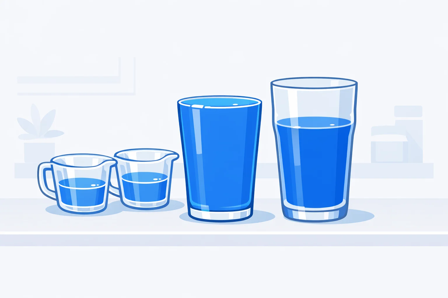 Two one-cup measures of water poured into a pint glass filling it exactly, next to a taller UK pint glass that holds more, showing 2 US cups equal 1 US pint
