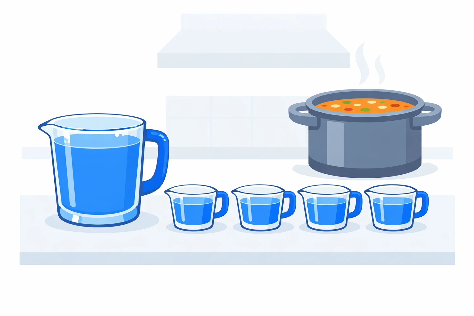 A quart measuring jug on a kitchen counter being filled by four separate one-cup measures of water, showing that exactly 4 cups fill 1 quart
