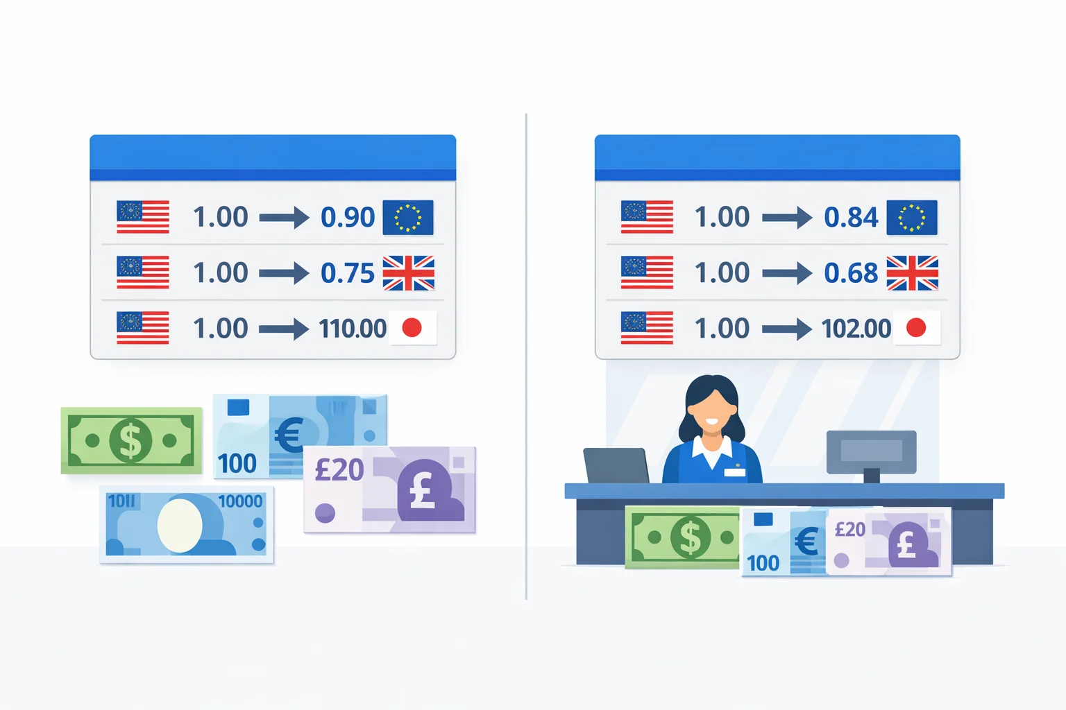 Currency converter visual guide comparing the mid-market exchange rate with the lower rate a customer receives after a bank markup