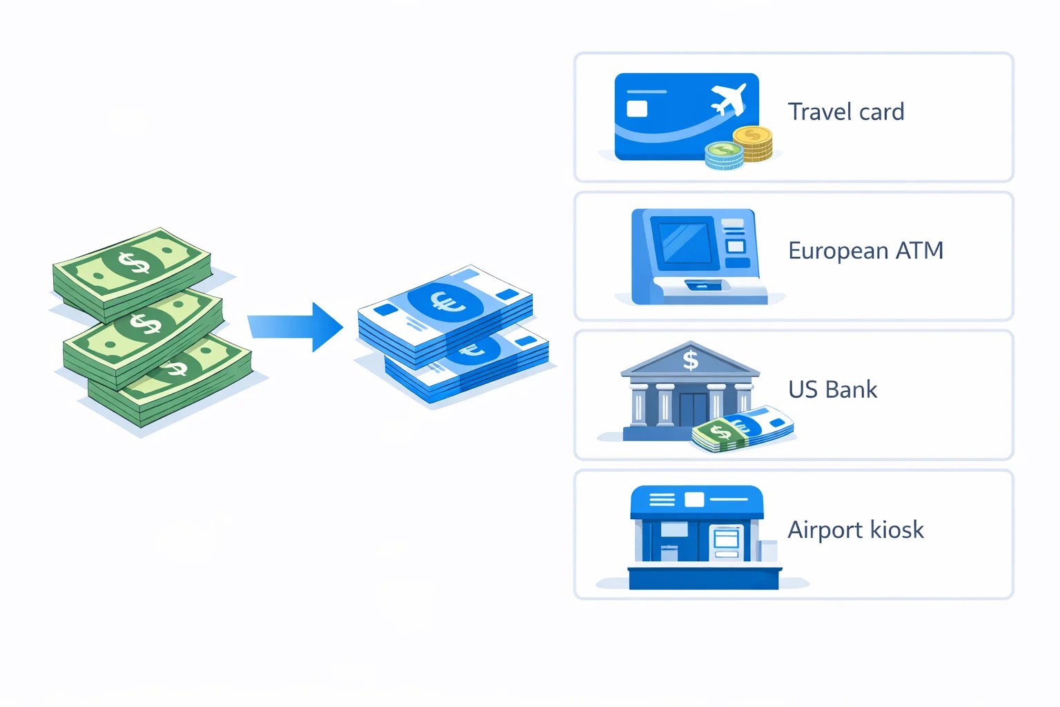 Dollars to euros converter visual guide showing US dollars turning into euros with four methods β travel card, European ATM, US bank pre-order, and airport kiosk β ranked by how many euros you keep
