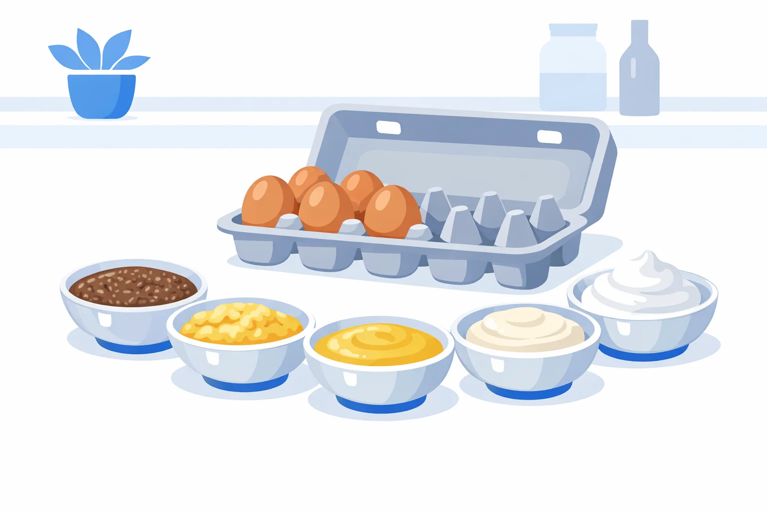 Egg substitute options including flax egg, mashed banana, applesauce, silken tofu and aquafaba arranged around a carton of eggs