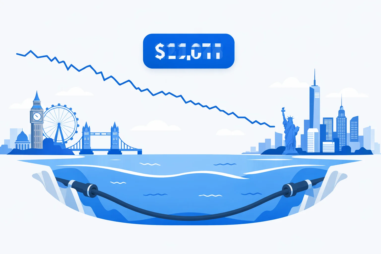 GBP to USD converter visual guide showing the London and New York skylines linked by a transatlantic cable with a live pound-dollar rate ticker and a historical price chart