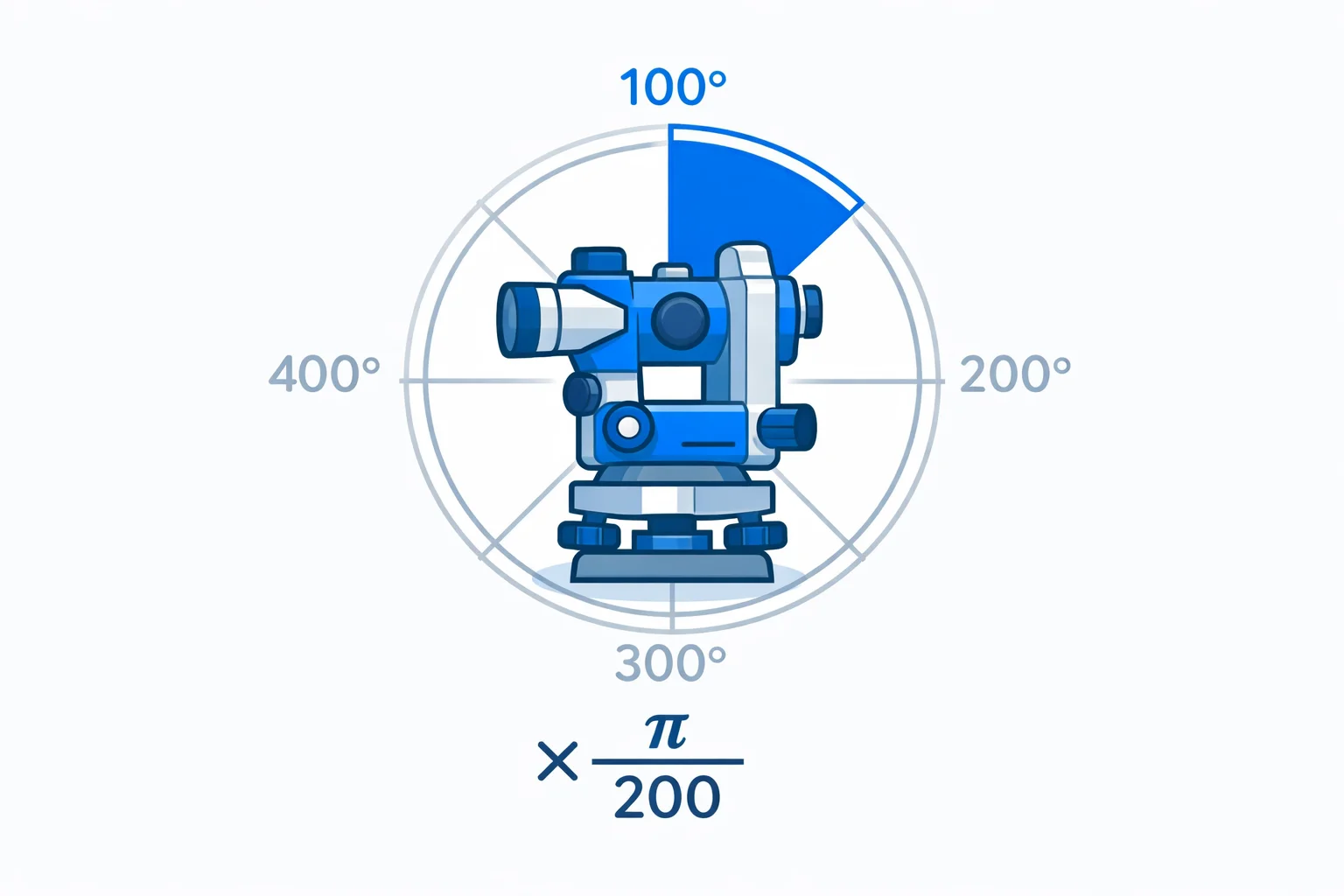 Gradians to radians conversion diagram showing a theodolite overlaid on a unit circle with 100 gon aligning to π/2 radians and the formula gradians times π/200