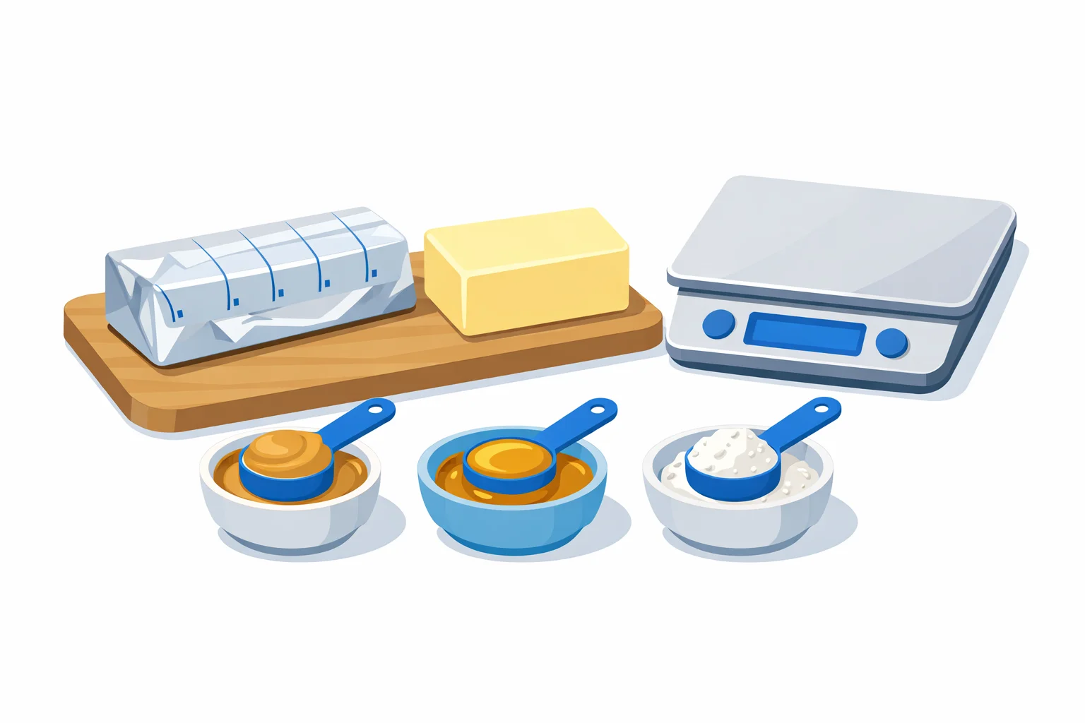 Grams to tablespoons cooking conversion showing a tablespoon-marked butter stick beside a 250-gram European butter block, a kitchen scale, and dishes of peanut butter, honey and flour