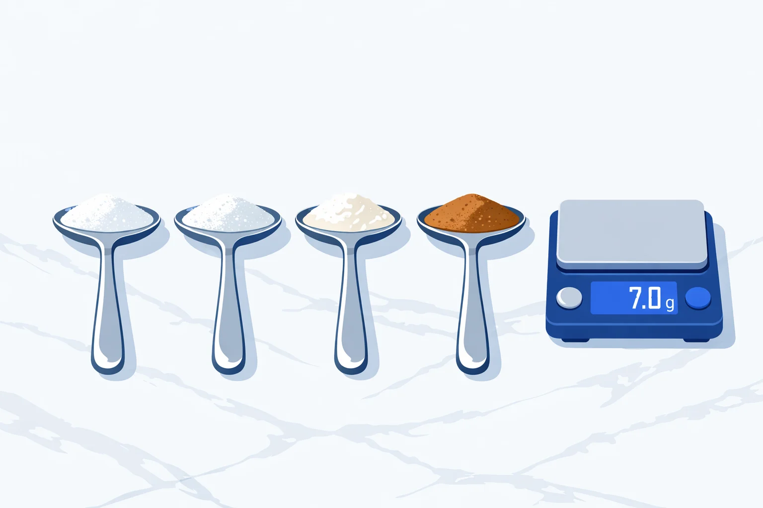 Four teaspoons holding sugar, salt, flour and cinnamon beside a digital scale for grams to teaspoons cooking conversion