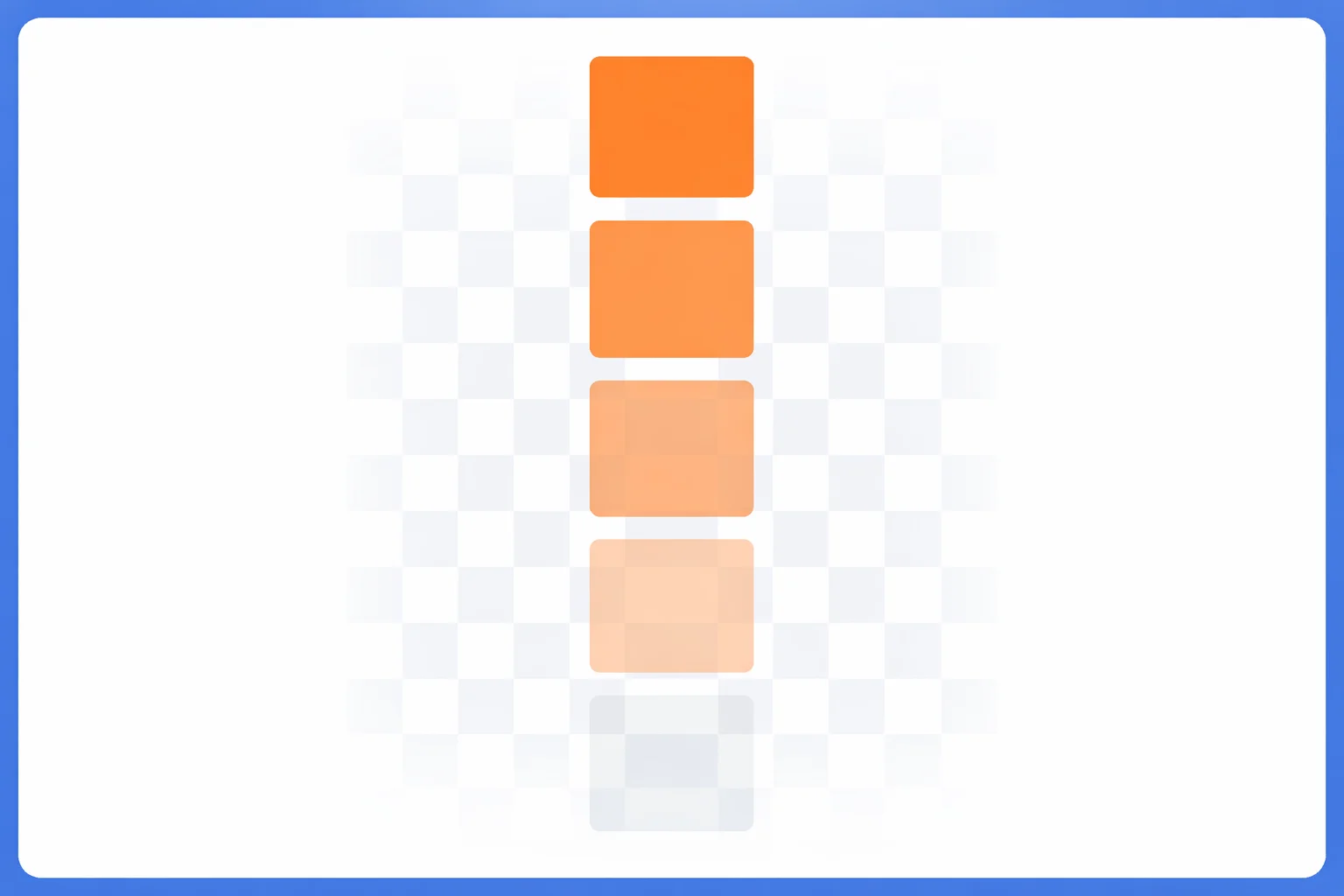 One orange swatch shown at 100, 75, 50, 25, and 0 percent opacity over a checkerboard, each step labeled with its RGBA value and 8-digit hex alpha pair
