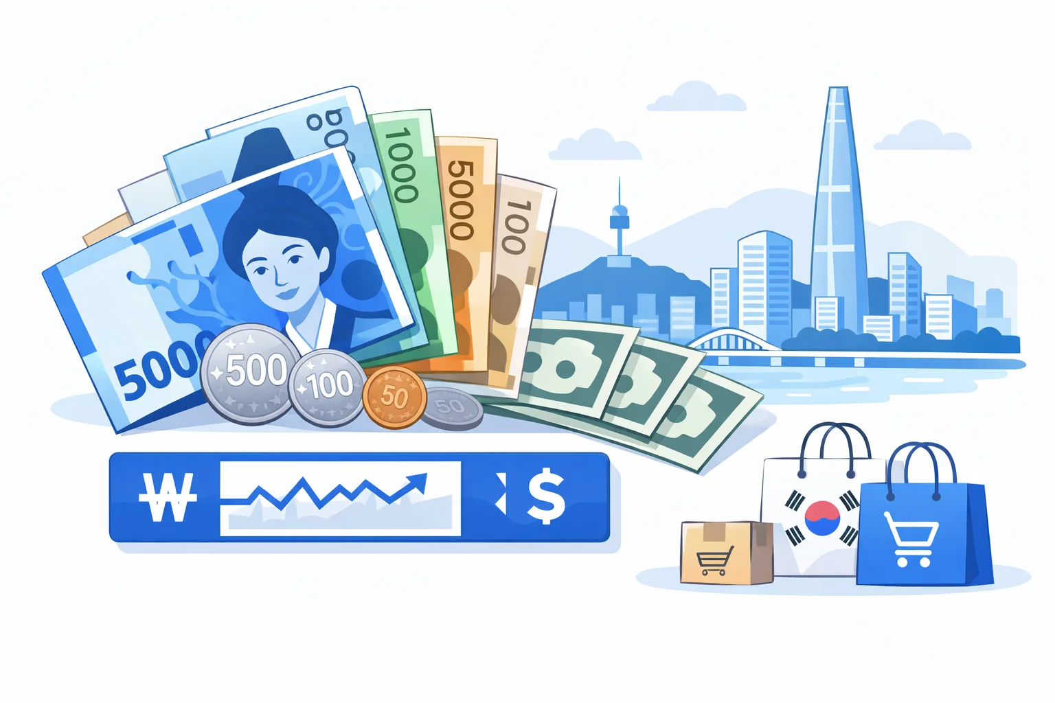 KRW to USD converter visual guide showing Korean won banknotes including the ₩50,000 note beside US dollars, a KRW/USD rate ticker, and a Seoul cityscape
