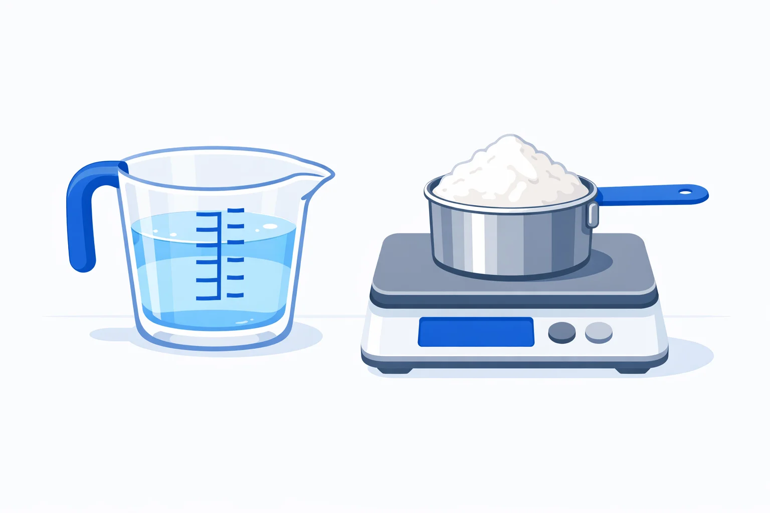 Liquid measuring cup of water in fluid ounces beside a dry cup of flour on a scale, showing the difference between fluid and weight ounces to cups