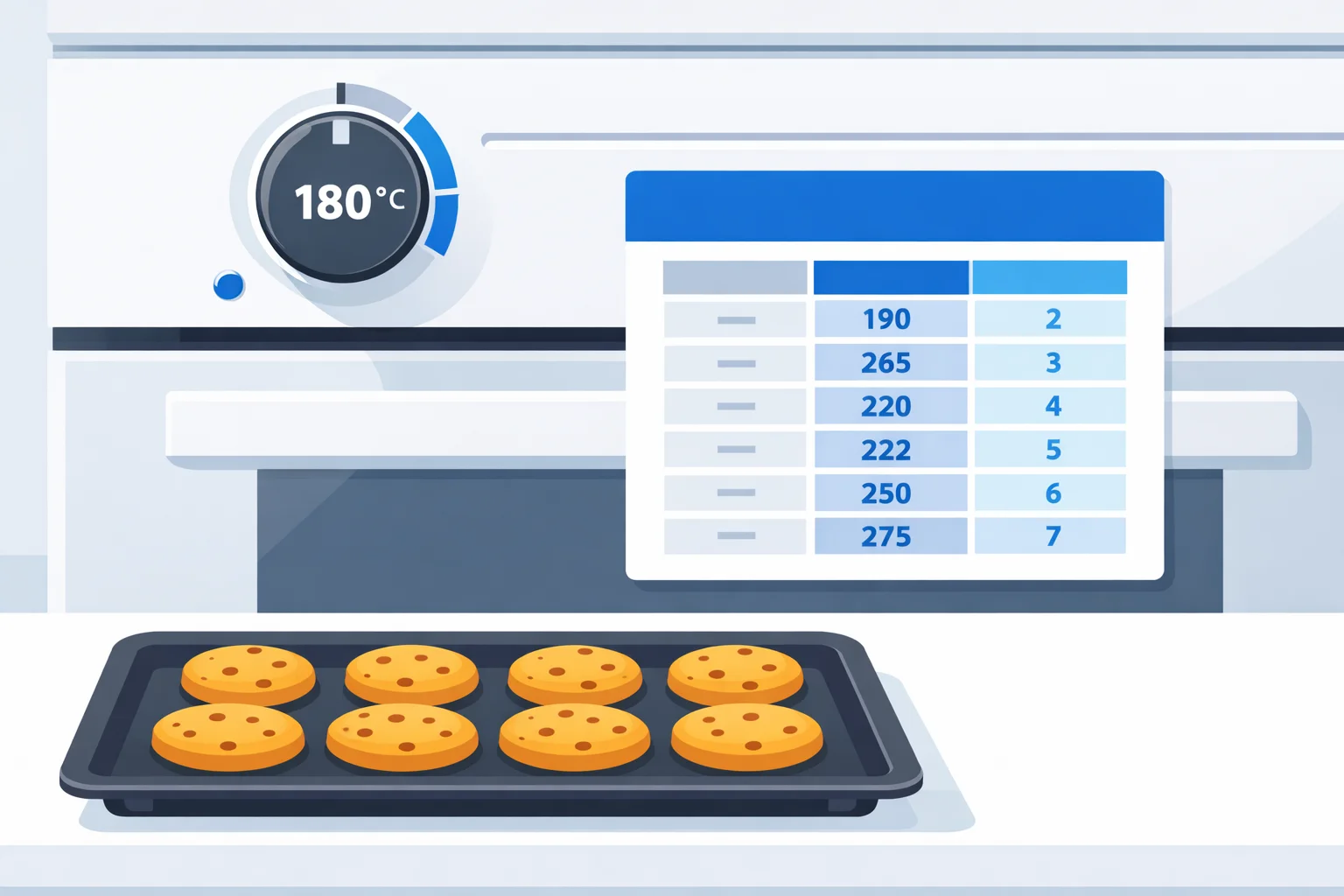 Oven dial set to 180 Celsius beside a Fahrenheit and Gas Mark conversion chart with golden cookies cooling, illustrating oven temperature conversion