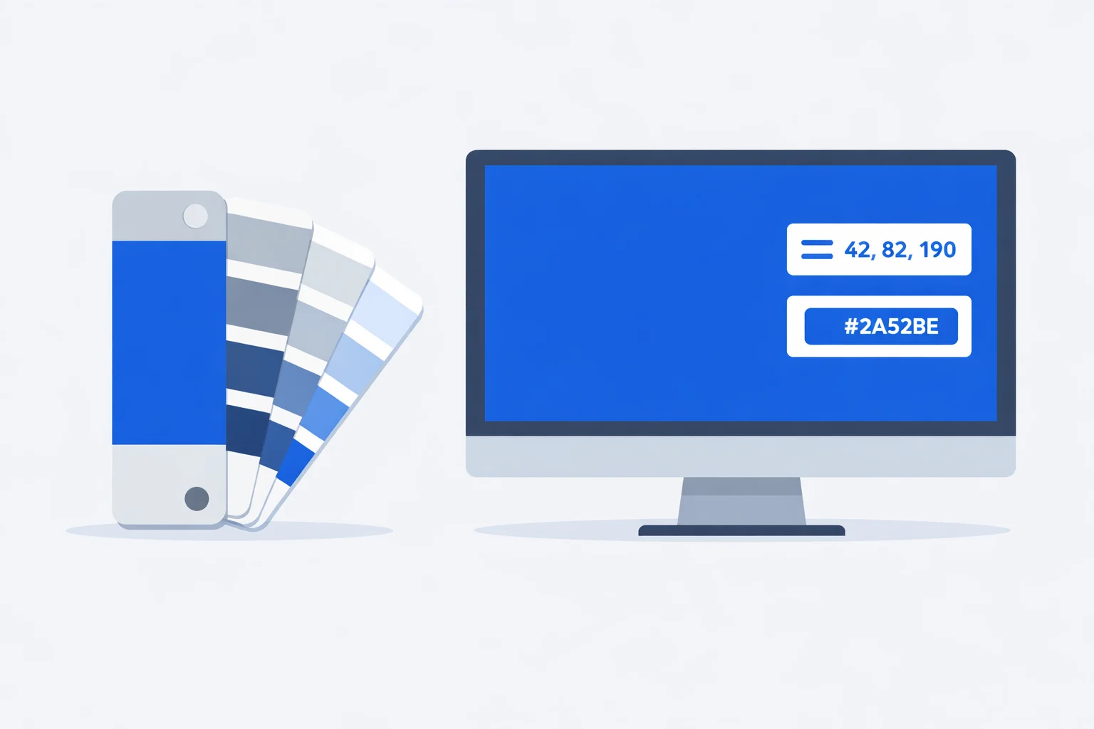 Pantone fan deck swatch PMS 286 C beside a monitor displaying the matching RGB color and hex value