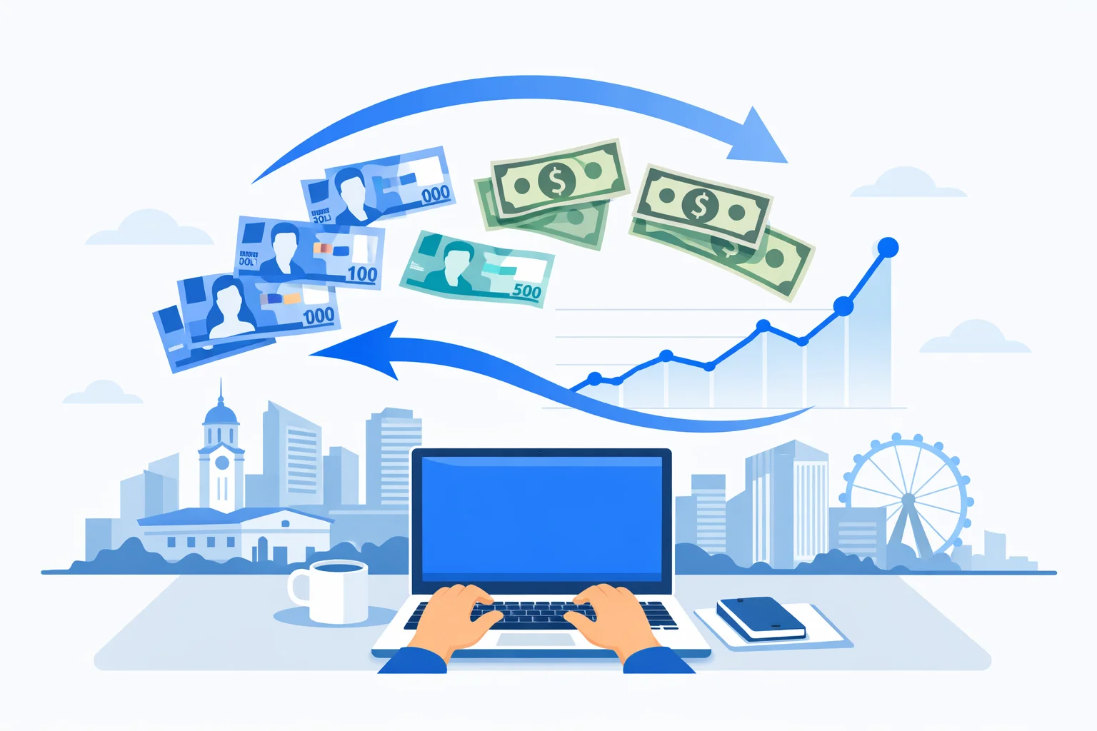 PHP to USD conversion illustrated by Philippine peso banknotes exchanging into US dollars over a freelancer's laptop, with a remittance flow chart peaking in December and the Manila skyline behind