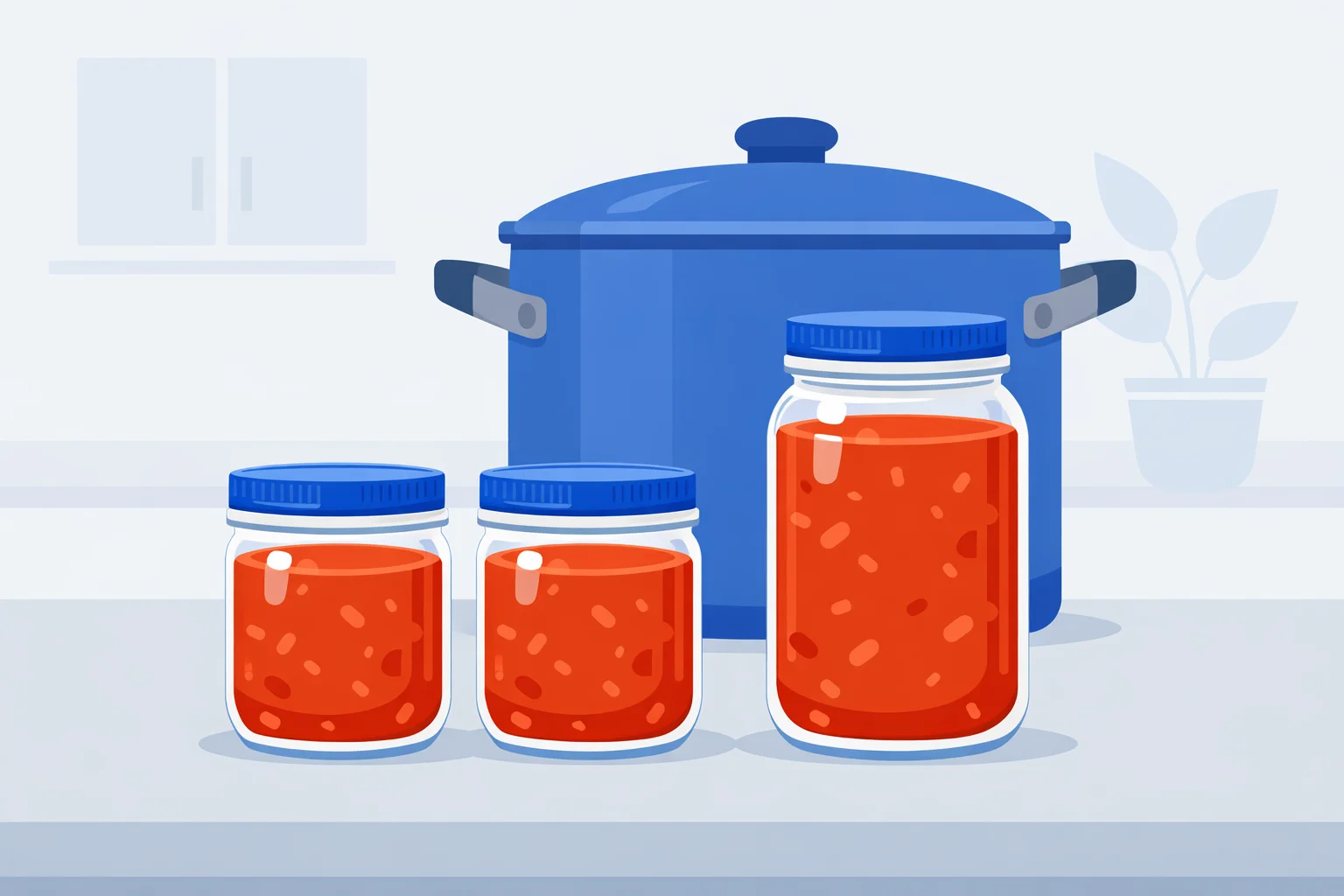 Two pint mason jars of homemade tomato sauce beside one quart mason jar in front of a water-bath canner, showing that two pints fill one quart and that jar size affects processing time