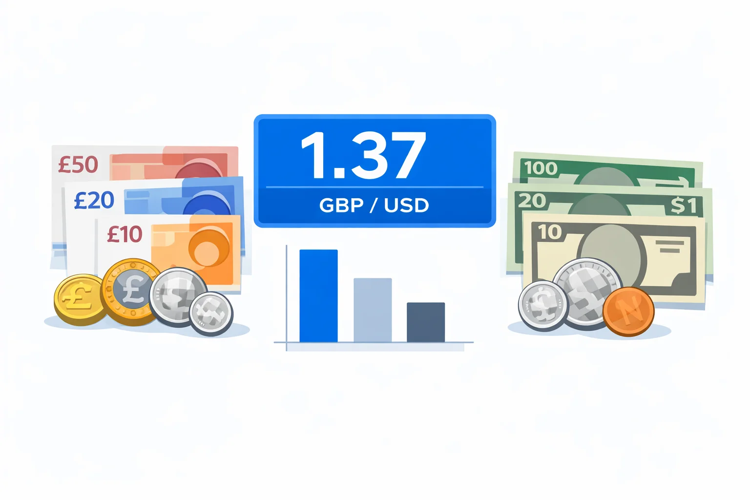 Pounds to dollars converter visual guide showing British pound notes turning into US dollars with a chart comparing take-home amounts after bank, card, and wire-transfer fees
