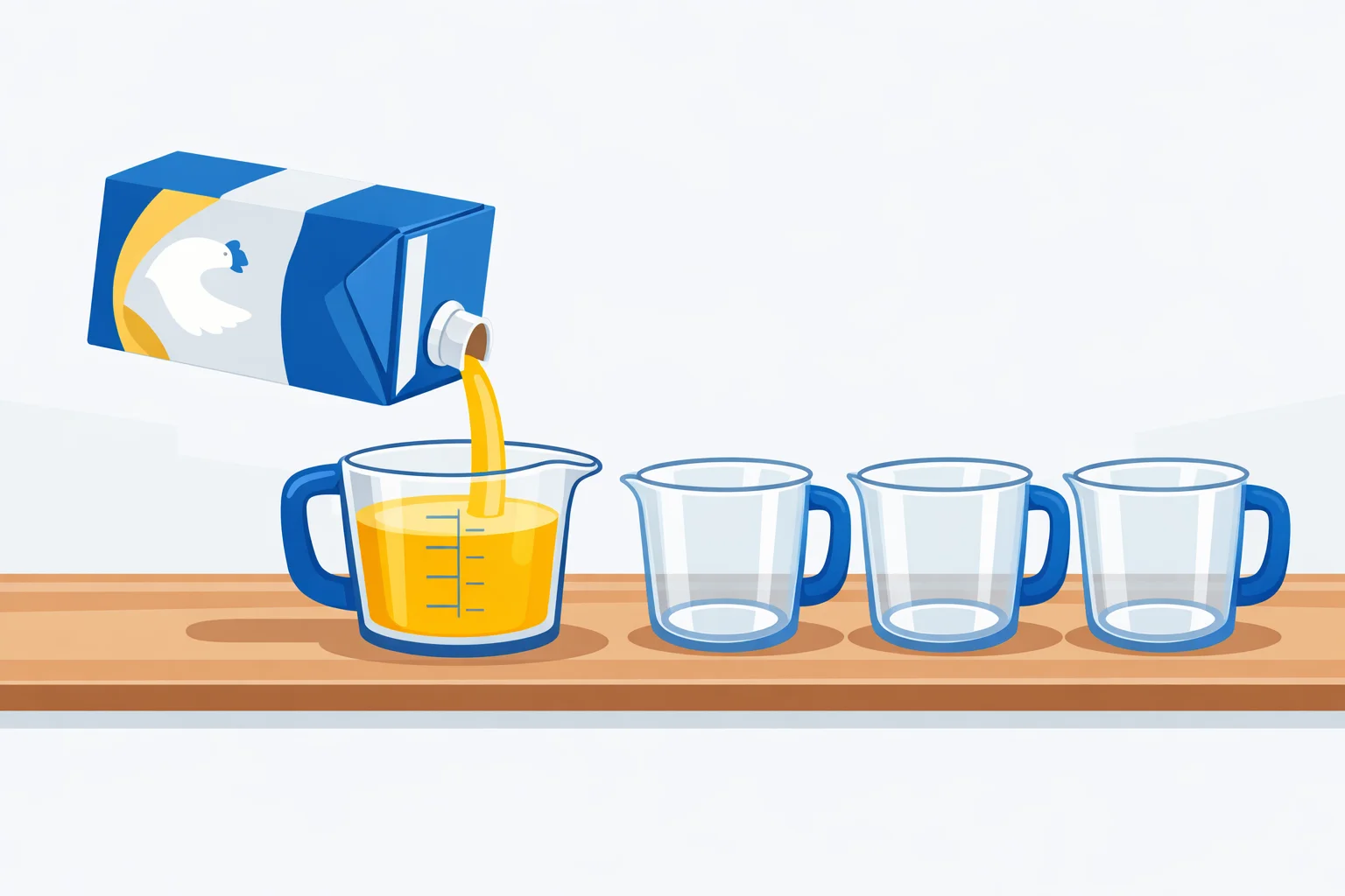 A quart carton of chicken broth being poured into a one-cup glass measuring jug, with three empty cups beside it showing that one quart fills four cups