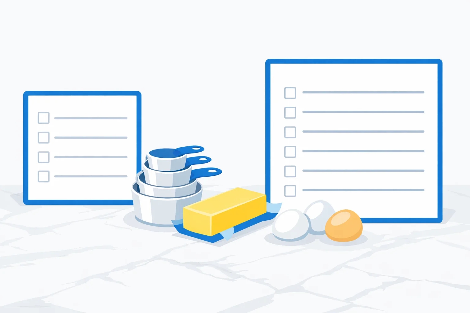 Recipe card for 4 servings beside the same recipe scaled to 12 servings with measuring cups, butter and eggs between them