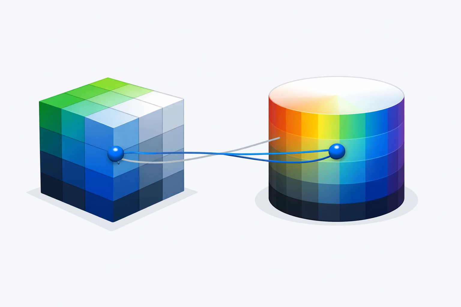 RGB to HSL conversion diagram showing an RGB cube alongside an HSL cylinder with the same color plotted in both coordinate systems and connecting lines mapping red green blue values to hue saturation lightness