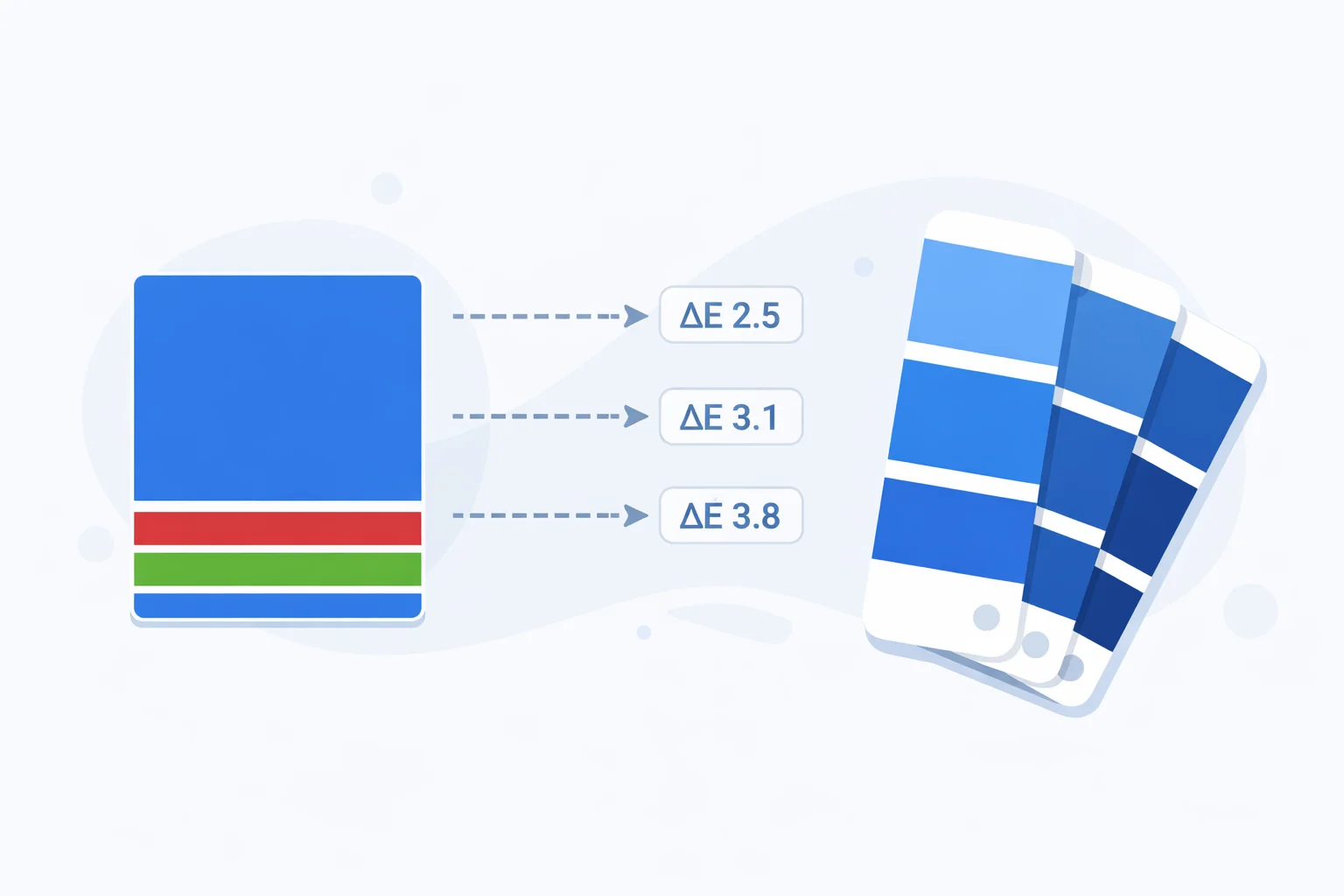 RGB screen color swatch alongside Pantone fan deck showing closest PMS matches with delta-E values