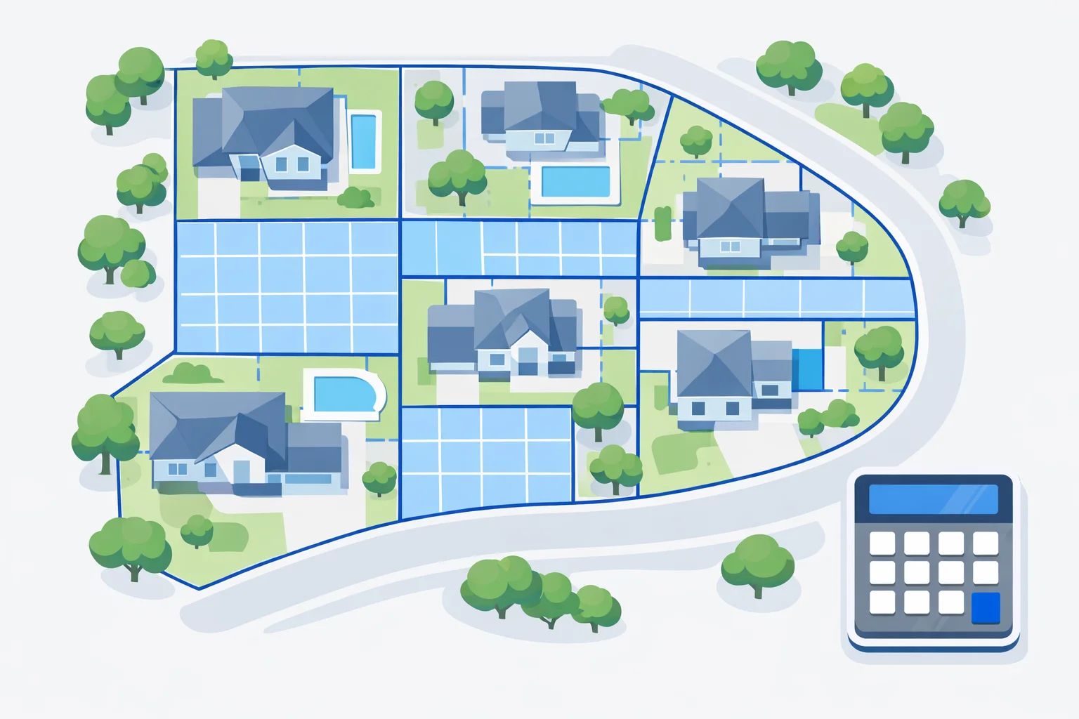Aerial satellite view of suburban lots with square footage grids and acreage conversion labels for land sizing