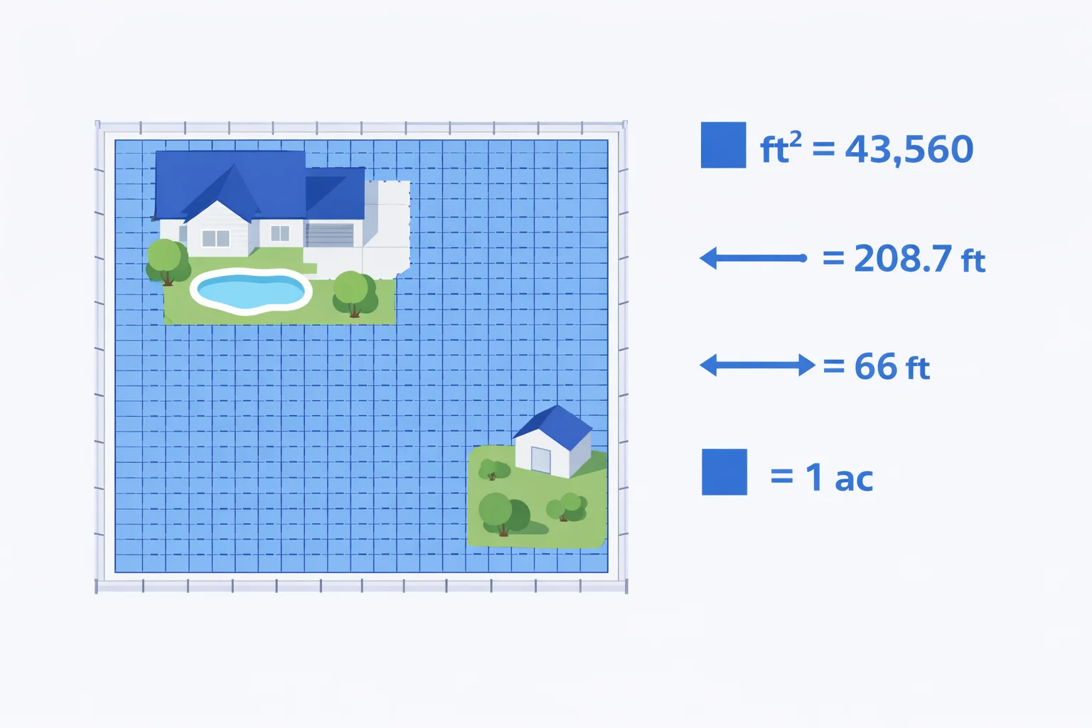 Aerial view of a one-acre residential lot with 43,560 square foot grid overlay showing the sq ft to acres conversion scale