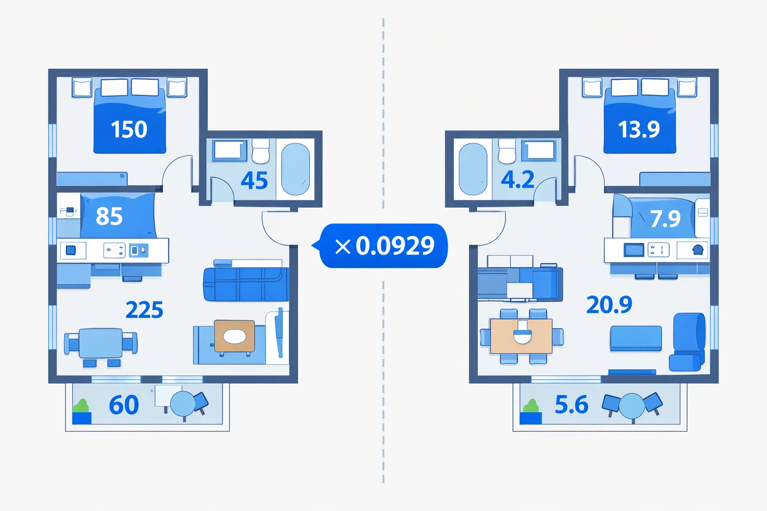 Split-view apartment floor plan labeled in square feet on the left and square meters on the right, showing the ×0.0929 conversion factor
