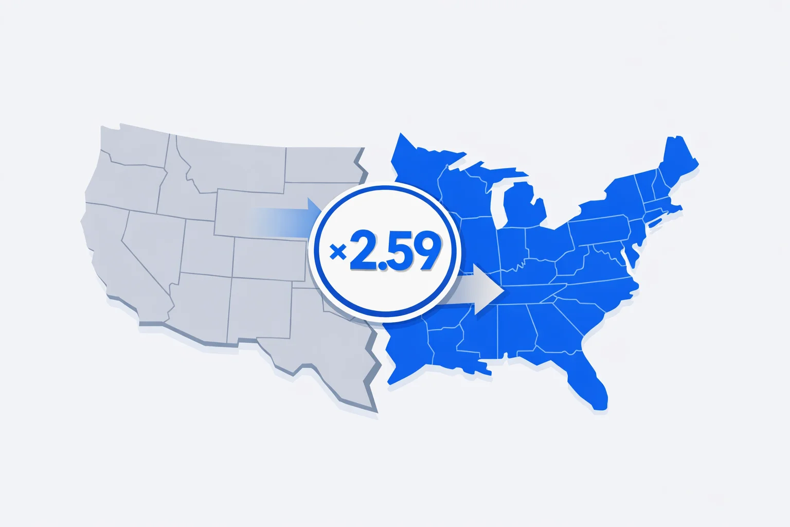 Square miles to square kilometers conversion illustration showing a U.S. map split between imperial and metric area units with the ×2.59 factor