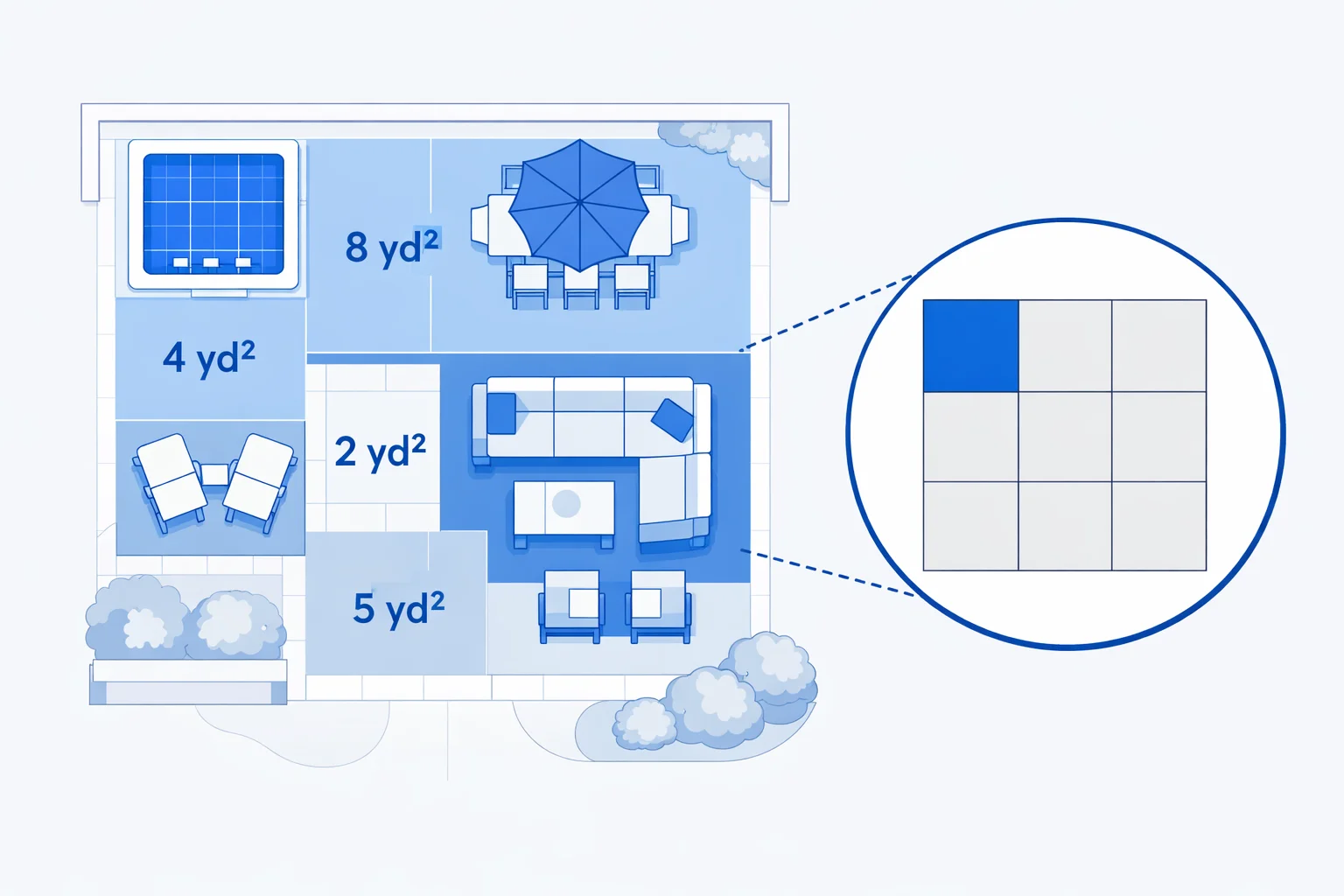 Backyard patio blueprint showing square yards converted to square feet with a nine-tile grid overlay
