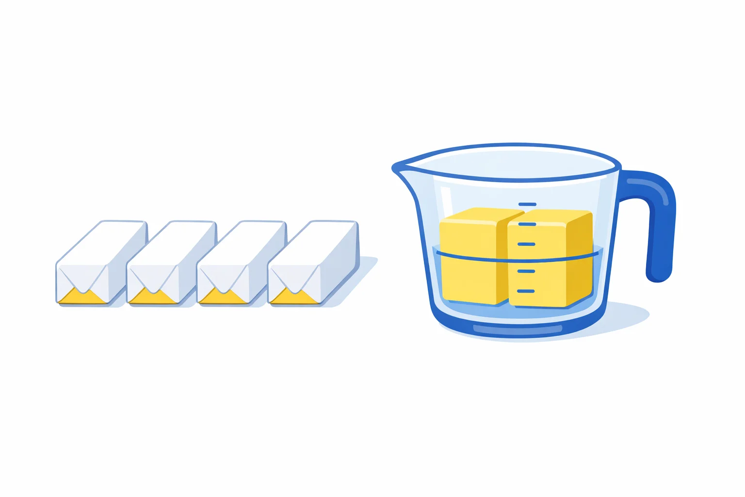 Four quarter-pound sticks of butter beside a glass measuring cup marked at the half-cup line, showing the sticks of butter to cups conversion