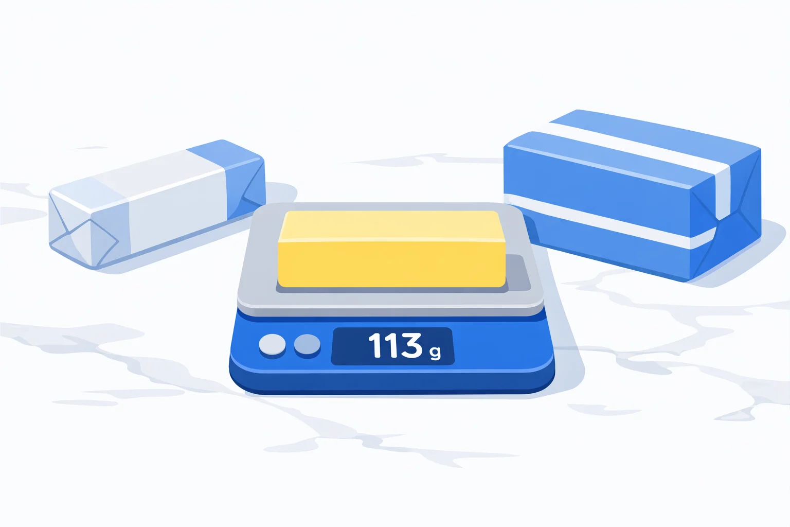A quarter-pound stick of butter on a digital scale reading 113 grams next to a metric 250g block, illustrating the sticks of butter to grams conversion
